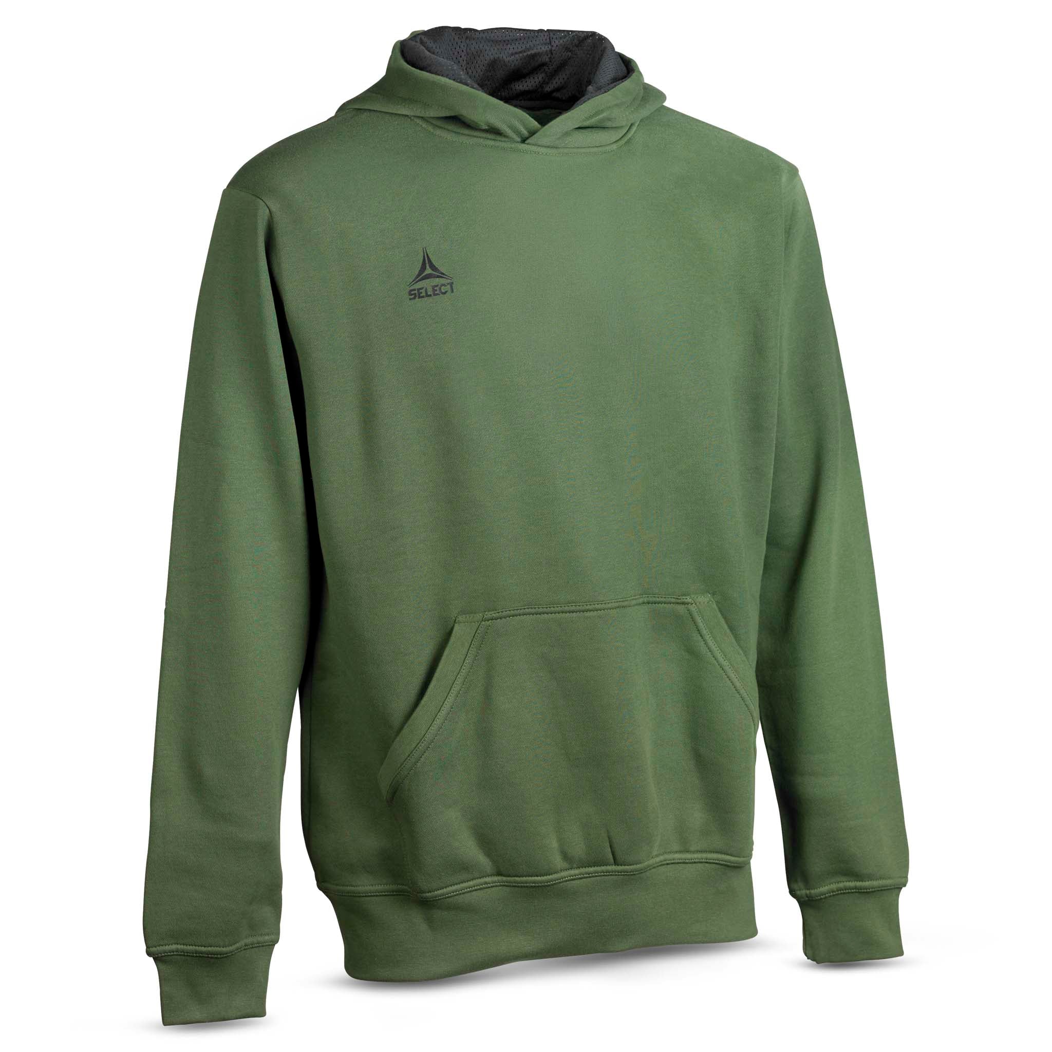 Forside av grønn Hoodie Basic Select v24, fritidsklær med mørkt hettefôr og frontlomme