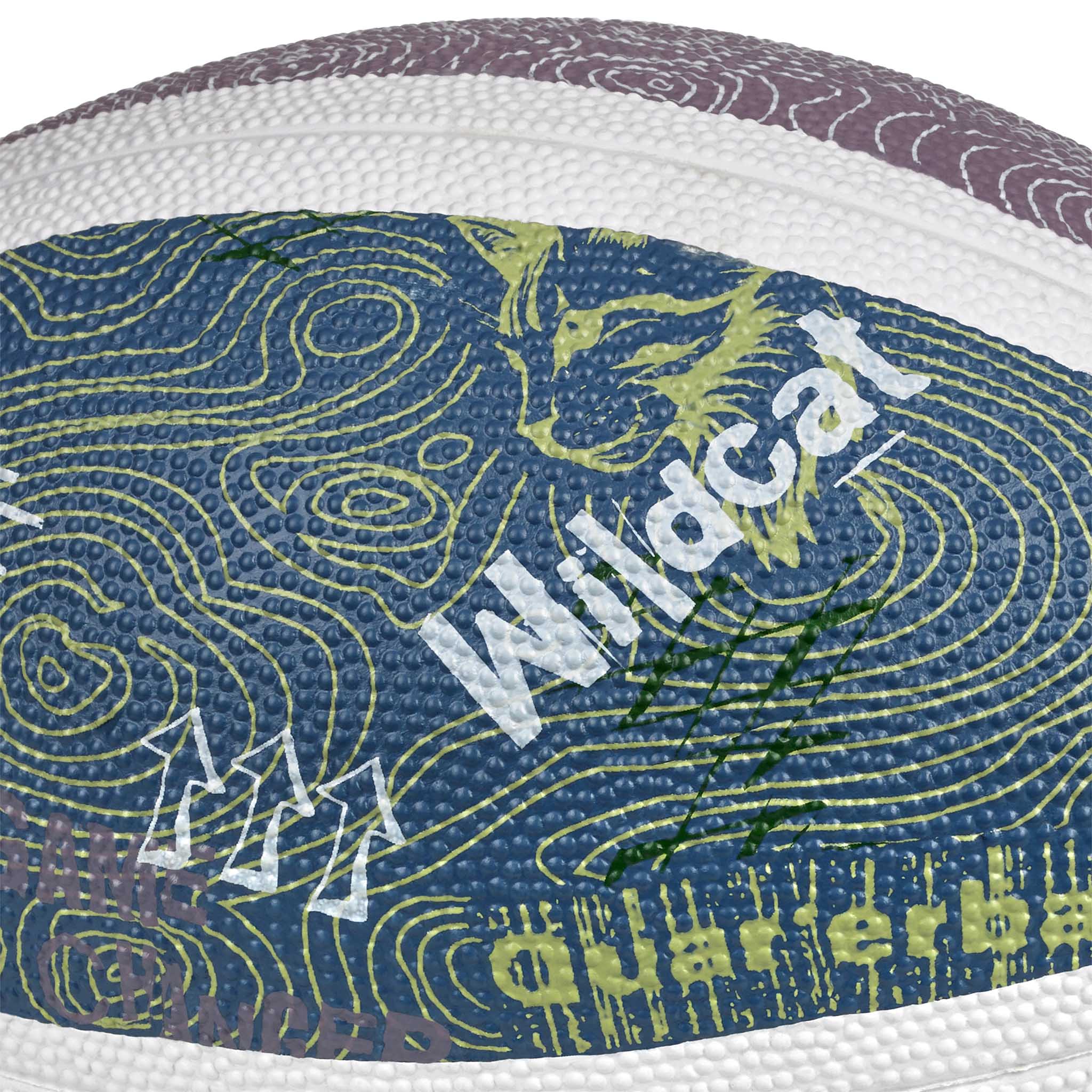 Nærbilde av American football v26, blå og lilla med hvite ender og grønt Wildcat-design. Andre baller.