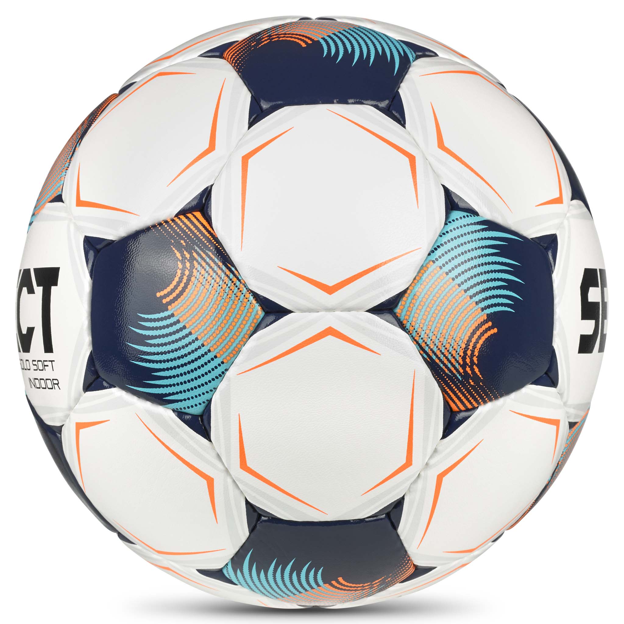 Solo Soft Indoor v26 fotball i hvit, blå, oransje og marineblå, sett fra høyre side