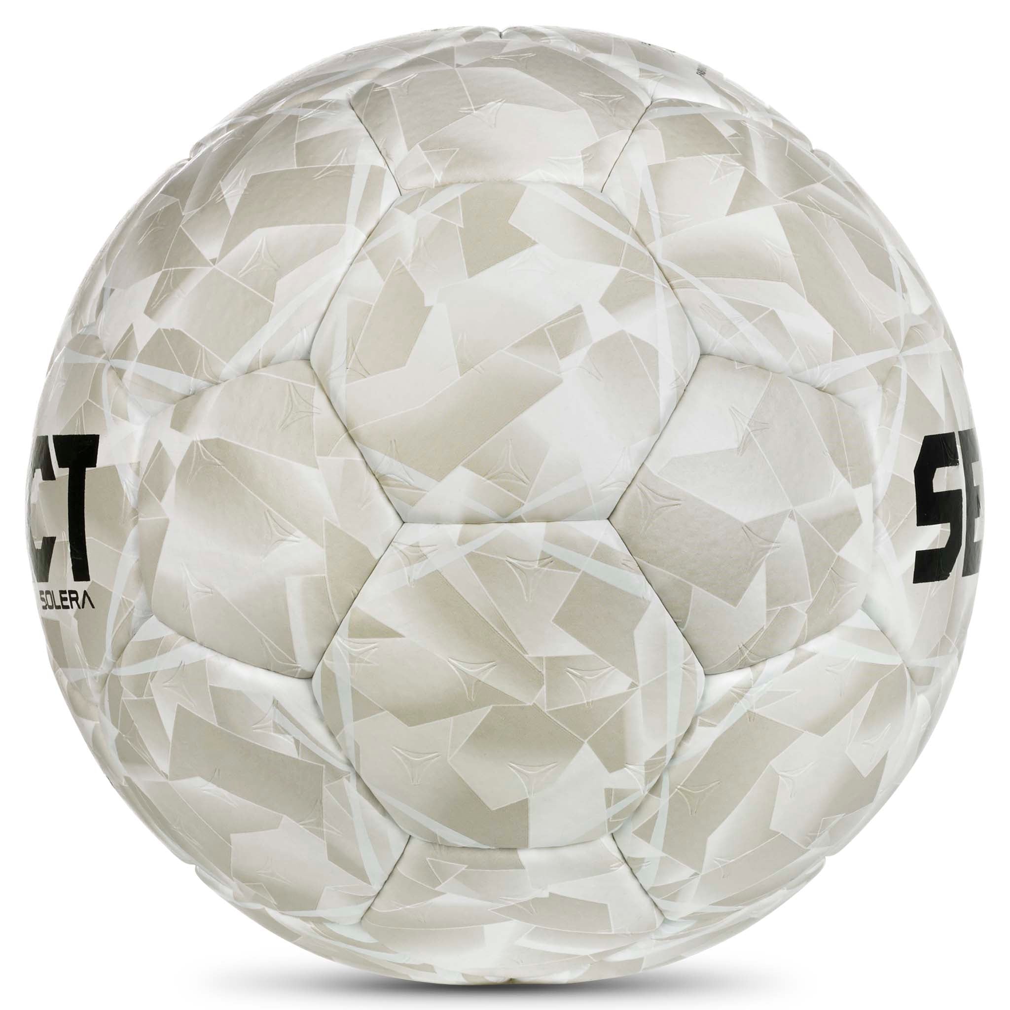 Hvit Solera v26 håndball med grått geometrisk mønster, sett fra høyre side