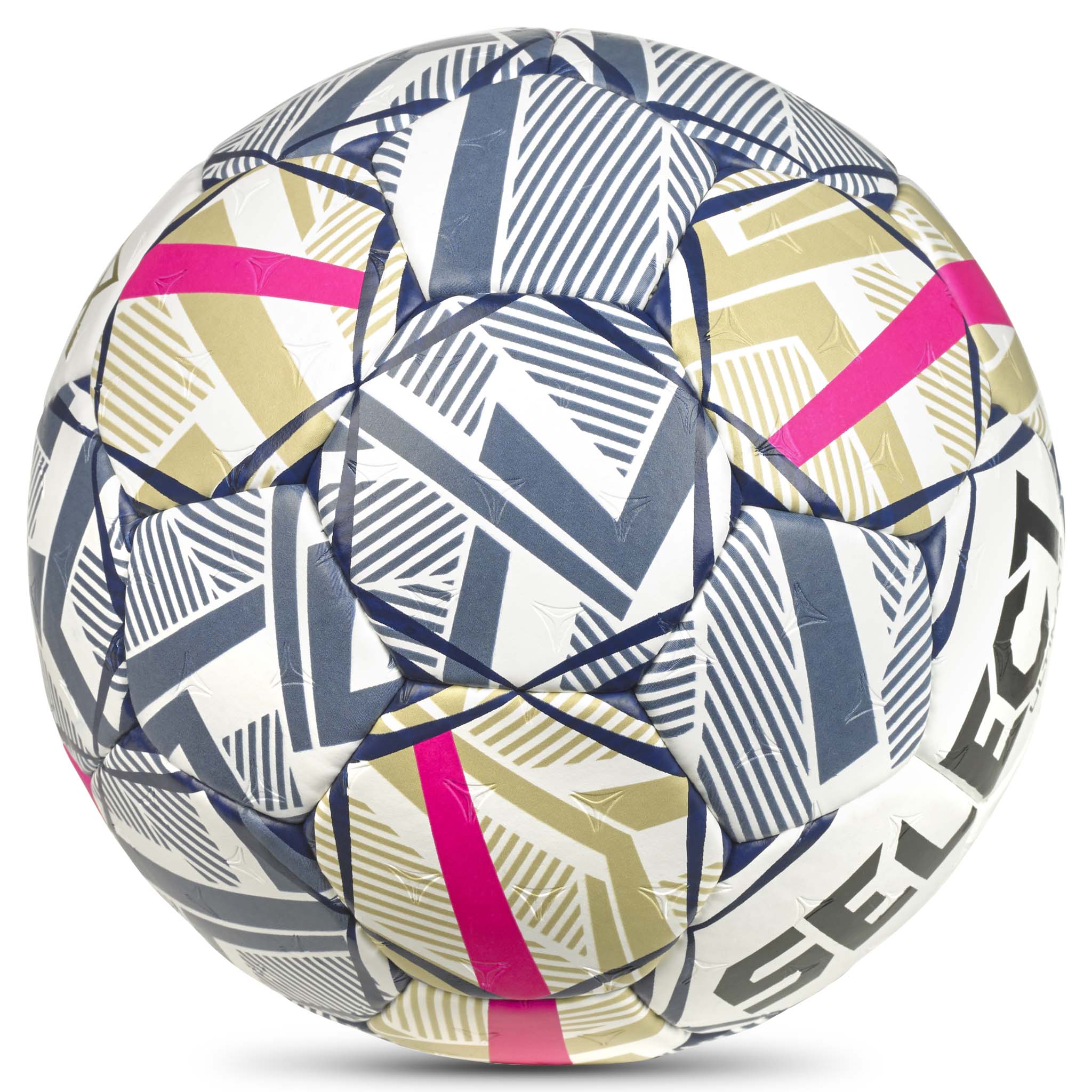 Ultimate EHF Champions League v26 håndball i hvitt, blått, gull og rosa med geometrisk mønster, nærbilde.