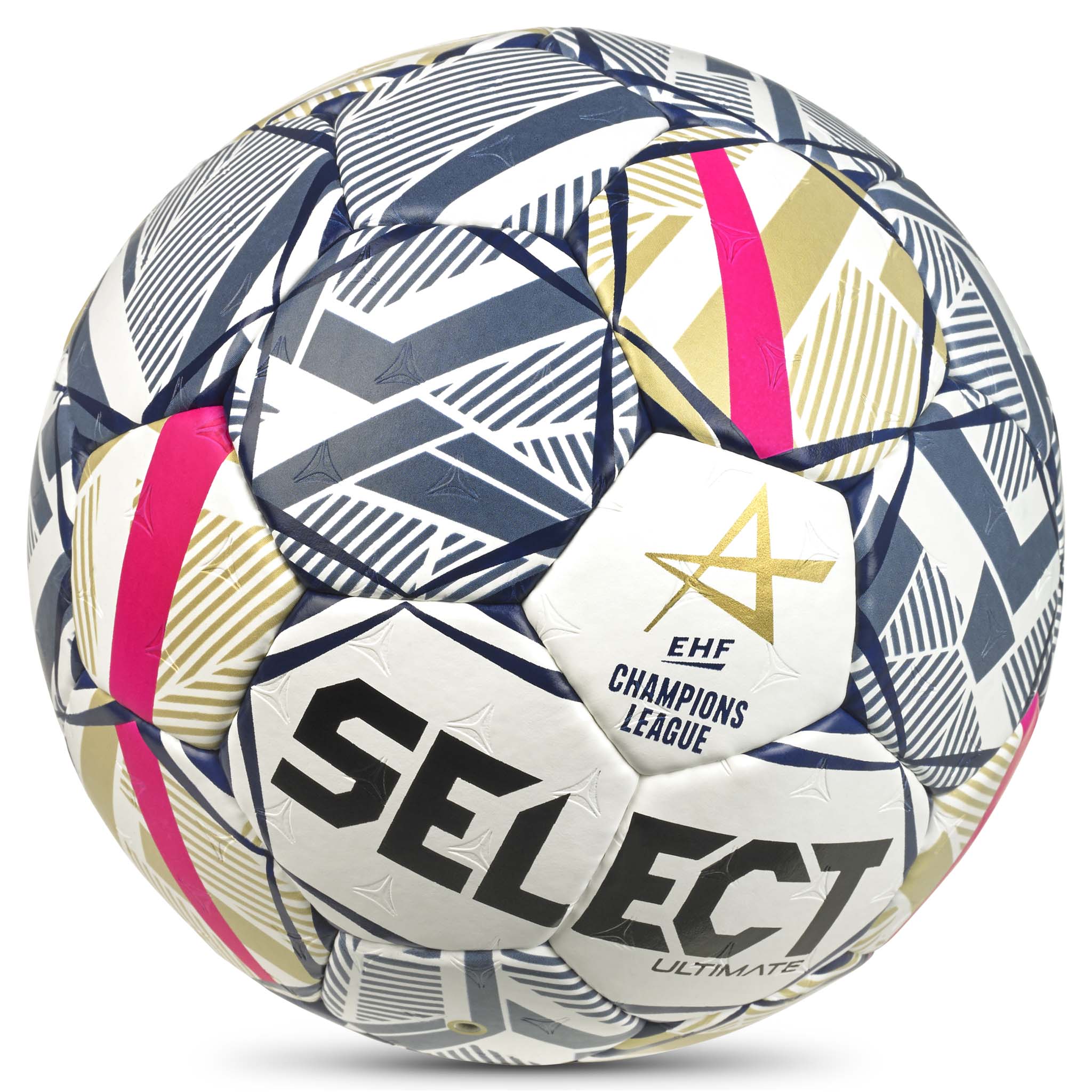 Ultimate EHF Champions League v26 håndball, sett forfra, hvit med blått, gull og rosa geometrisk design