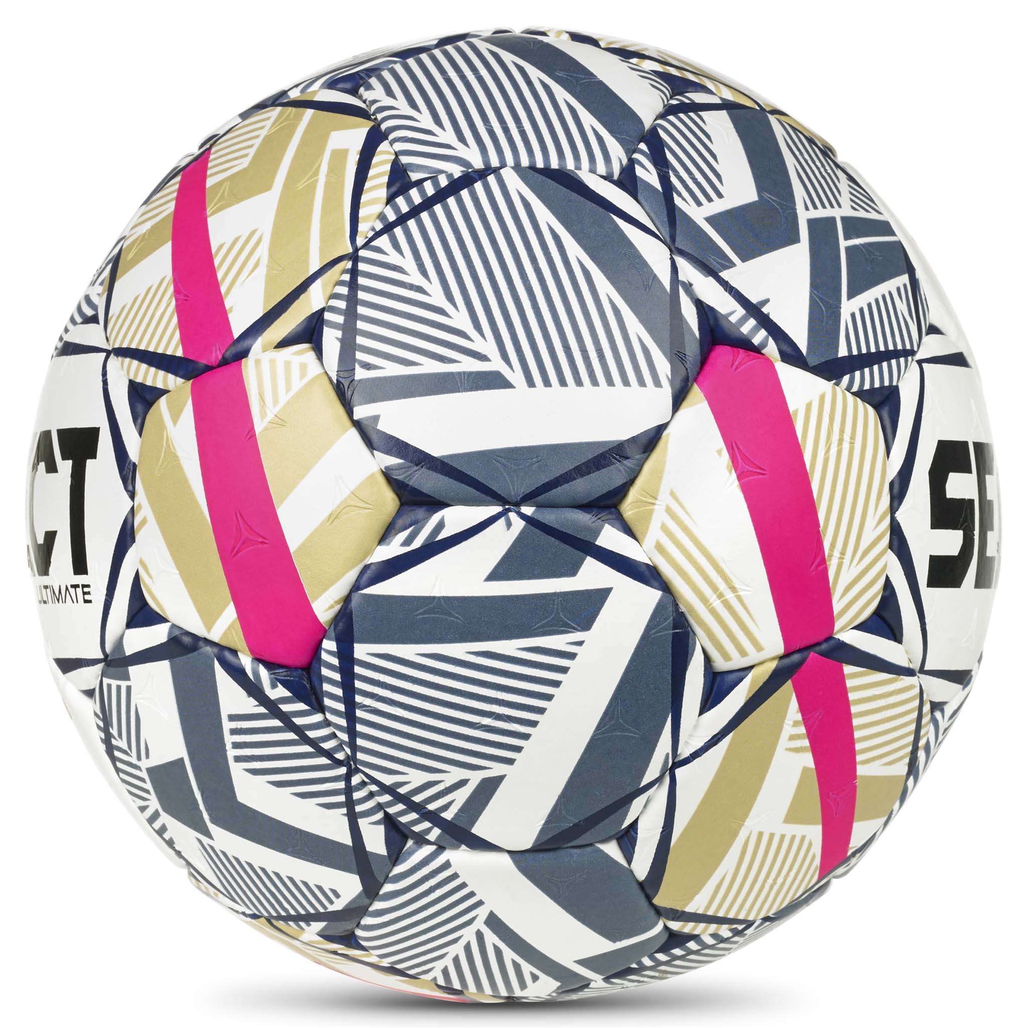 Ultimate EHF Champions League v26 håndball, hvit med blått, gull og rosa geometrisk mønster, sett fra høyre side.