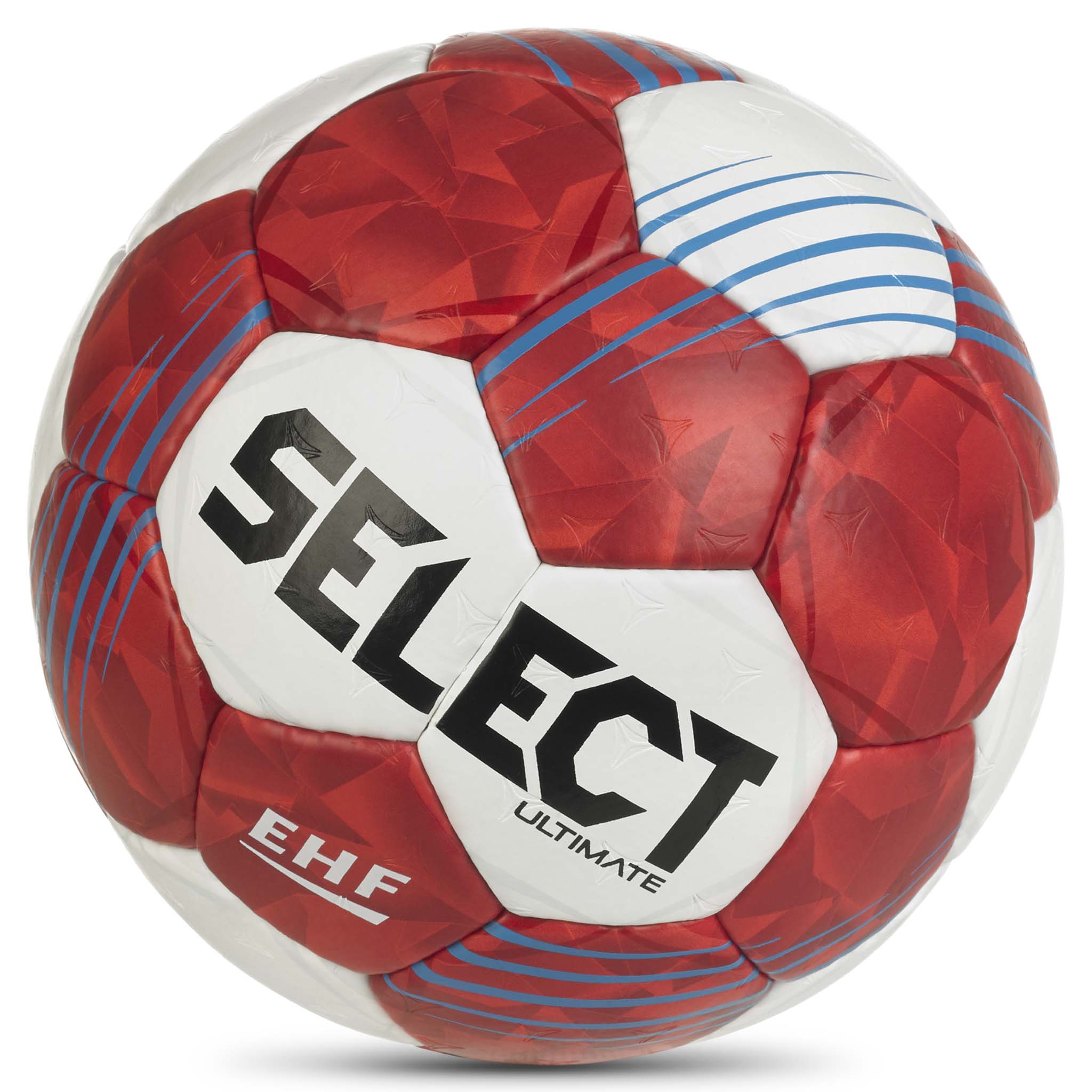 Nærbilde av rød, hvit og blå Ultimate v26 håndball med Select-logo og EHF-merke