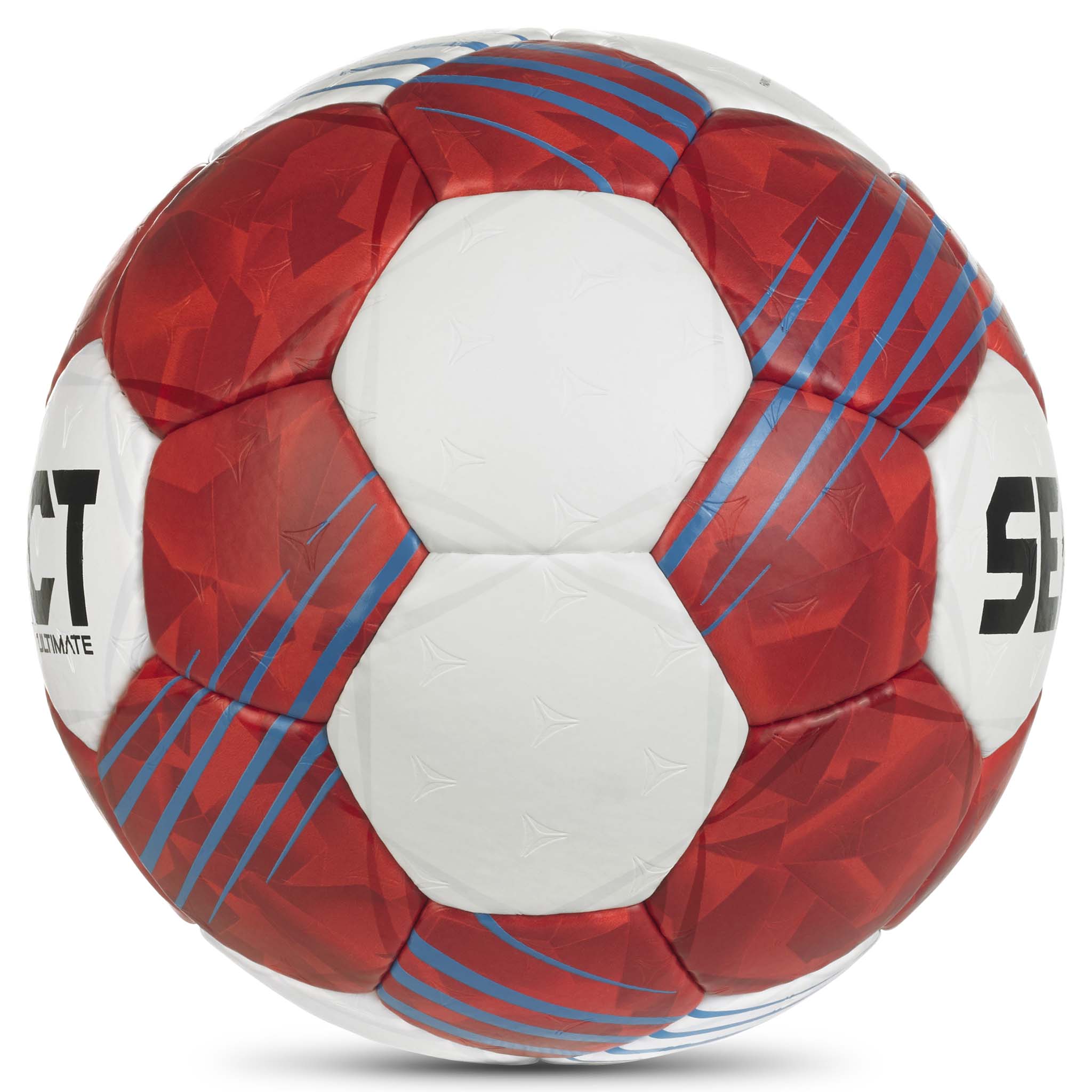 Høyresidevisning av Ultimate v26 håndball i rødt, hvitt og blått.