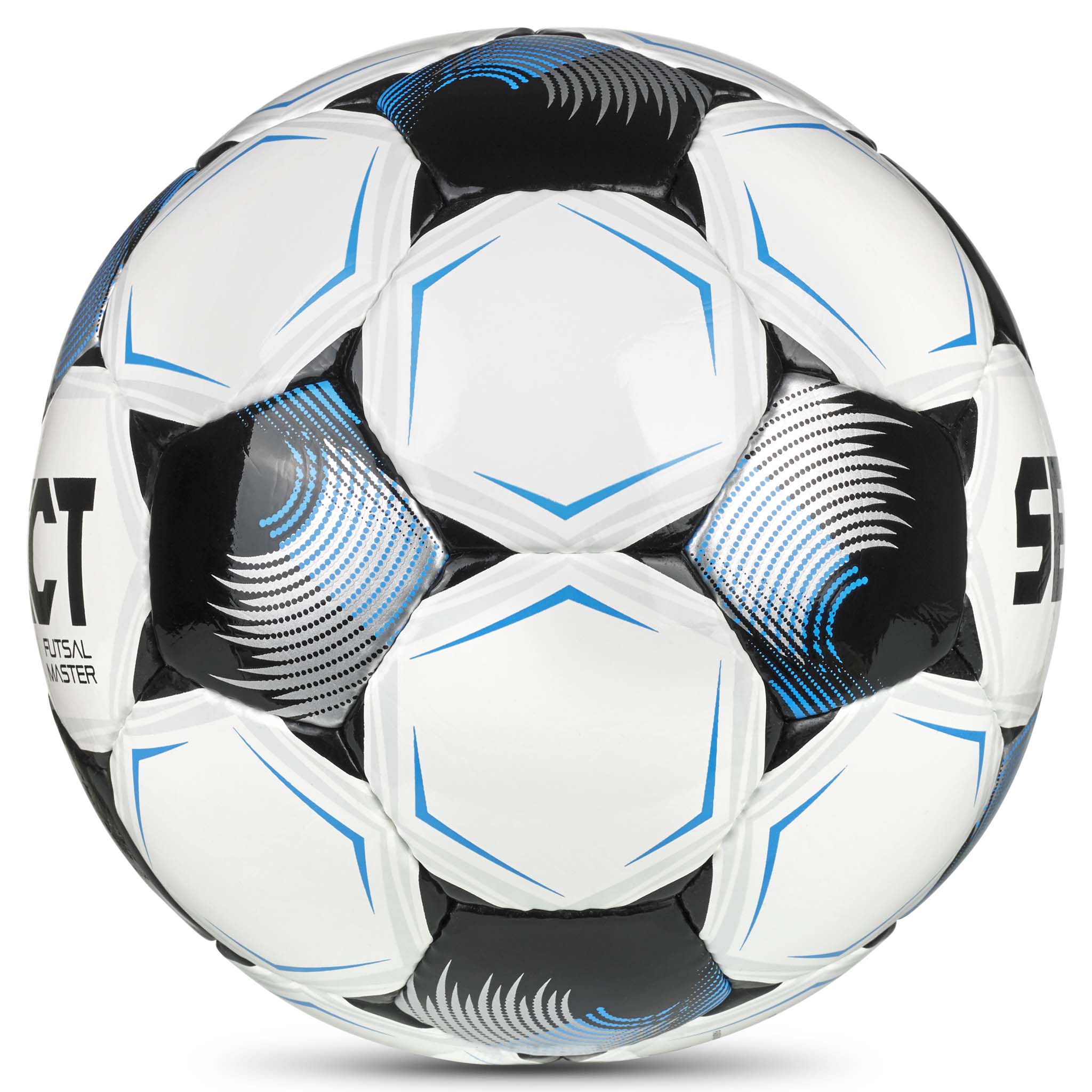 Futsal Master v26 futsalball i hvitt, blått og svart, sett fra høyre side.