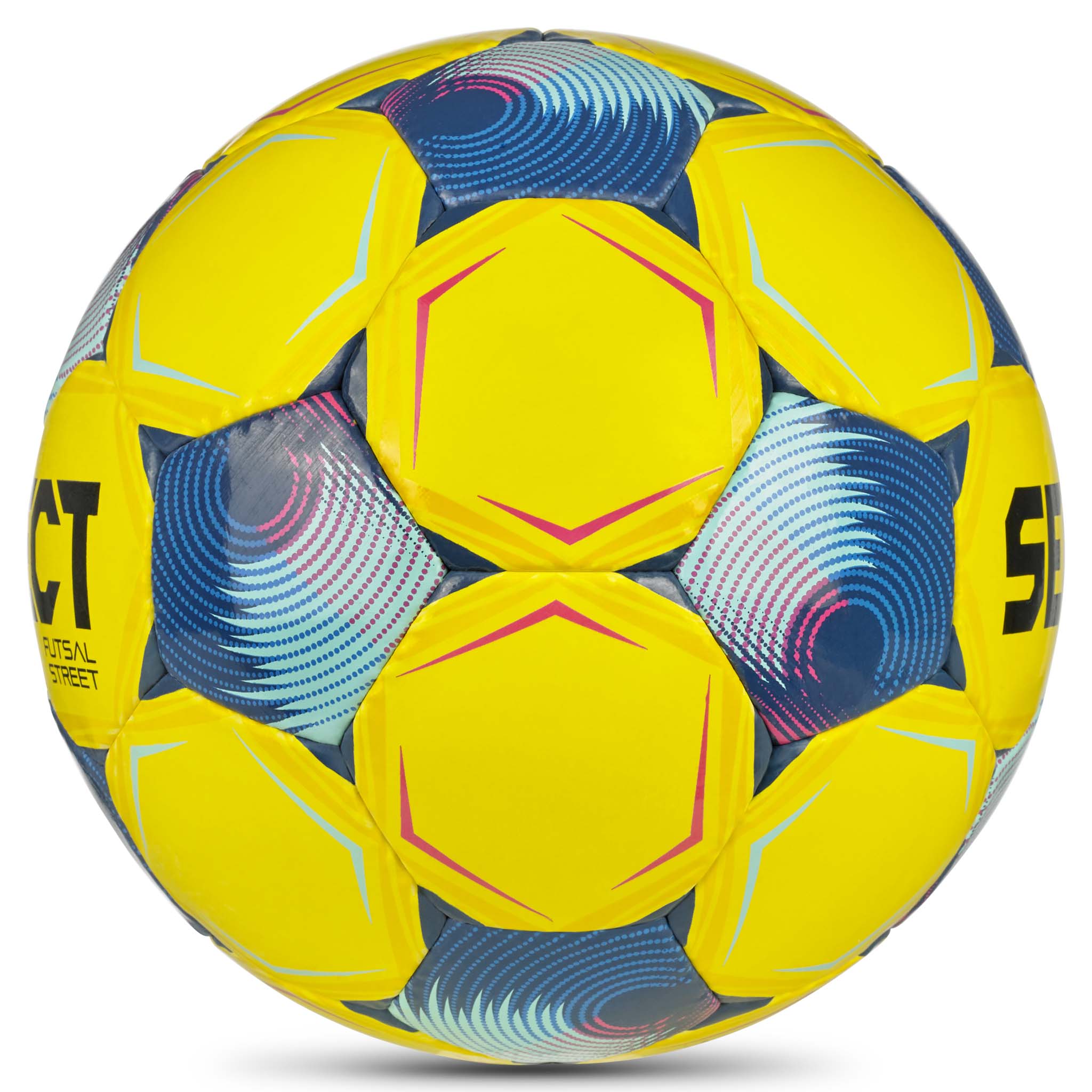 Futsal Street v26 fotball, sett fra høyre side. Gul ball med blå og rosa detaljer.