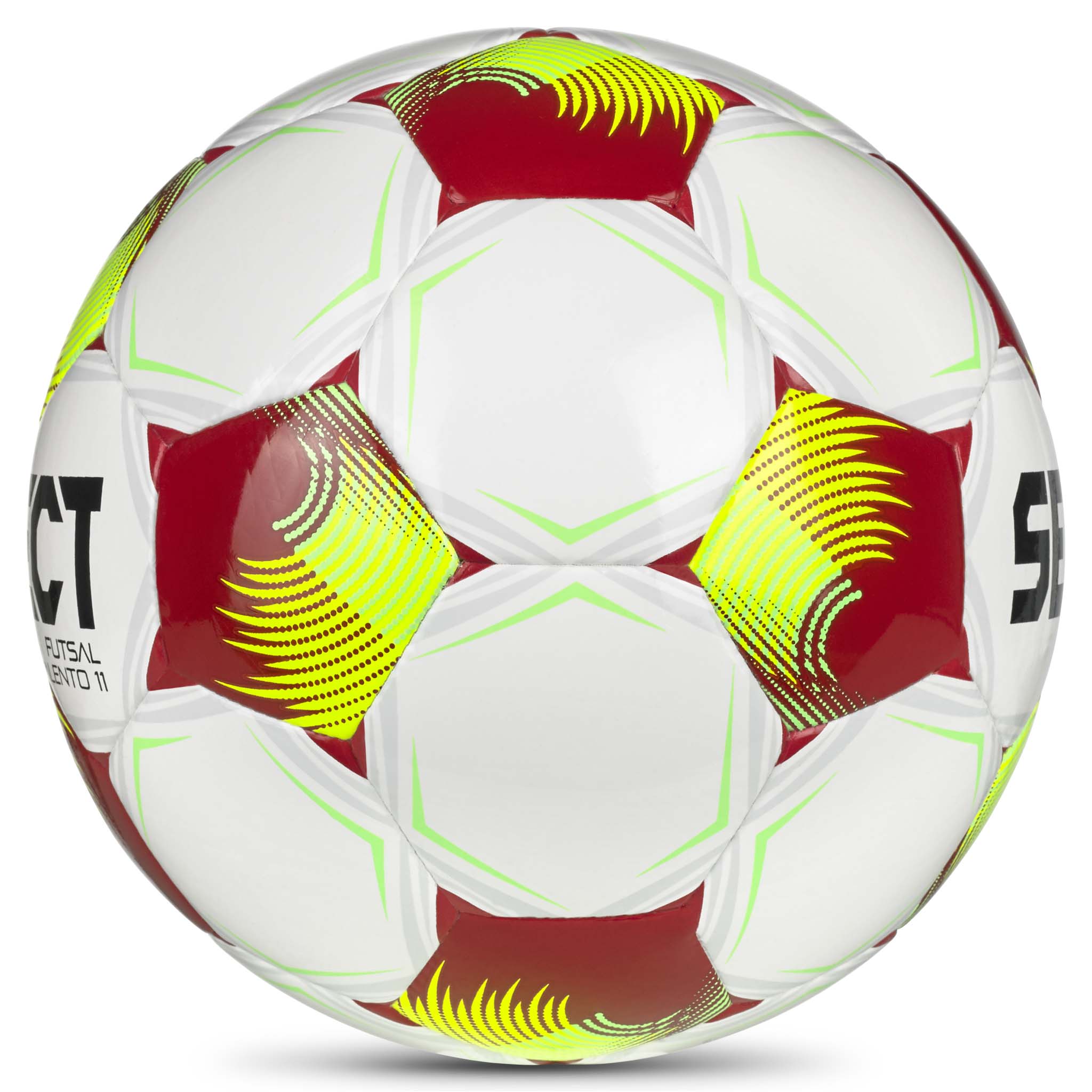 Futsal Talento 11 v26 futsalball, hvit med røde, gule og grønne detaljer, sett fra høyre side.