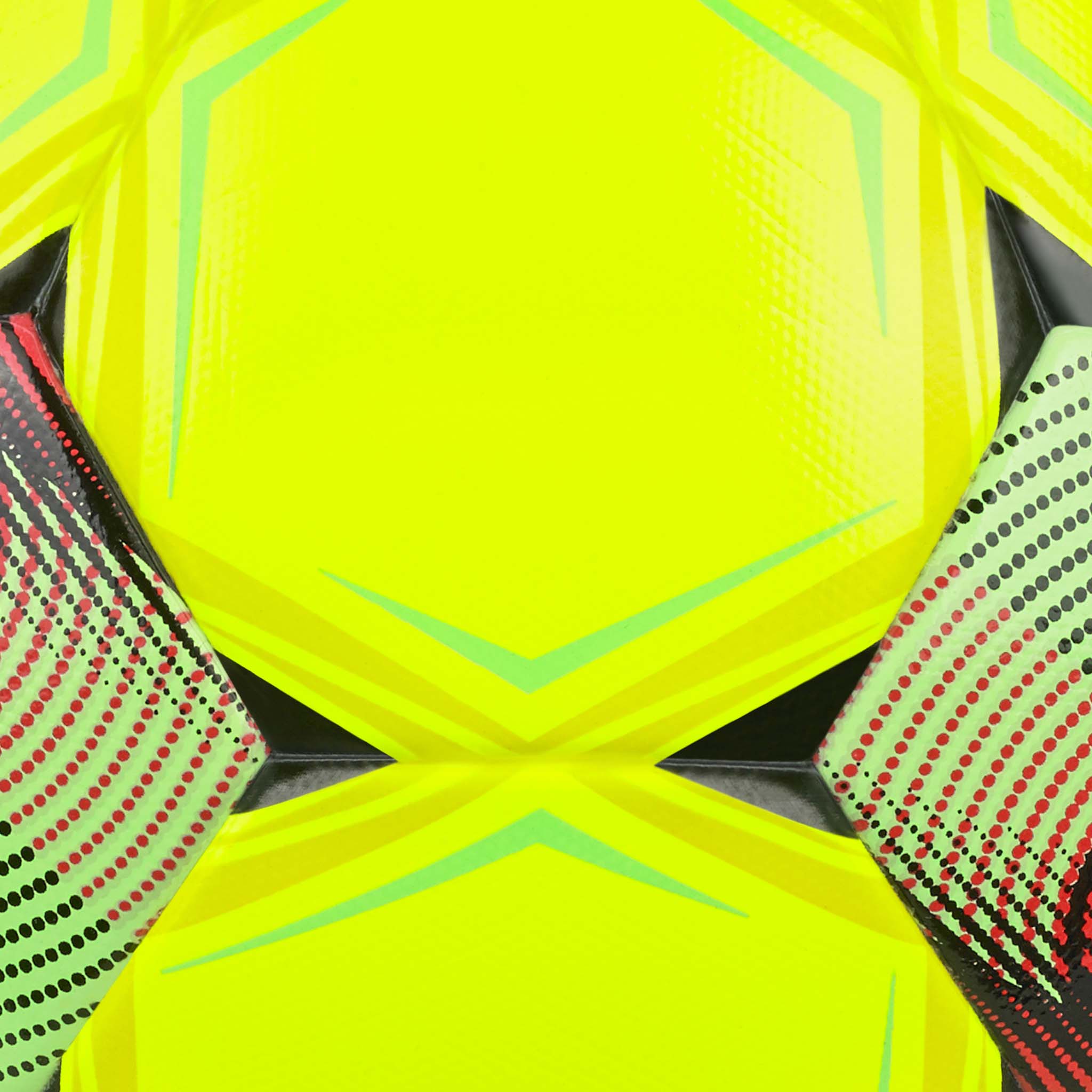 Nærbilde av Futsal Mimas v26-ball med neongul overflate og grønne, svarte og røde detaljer.