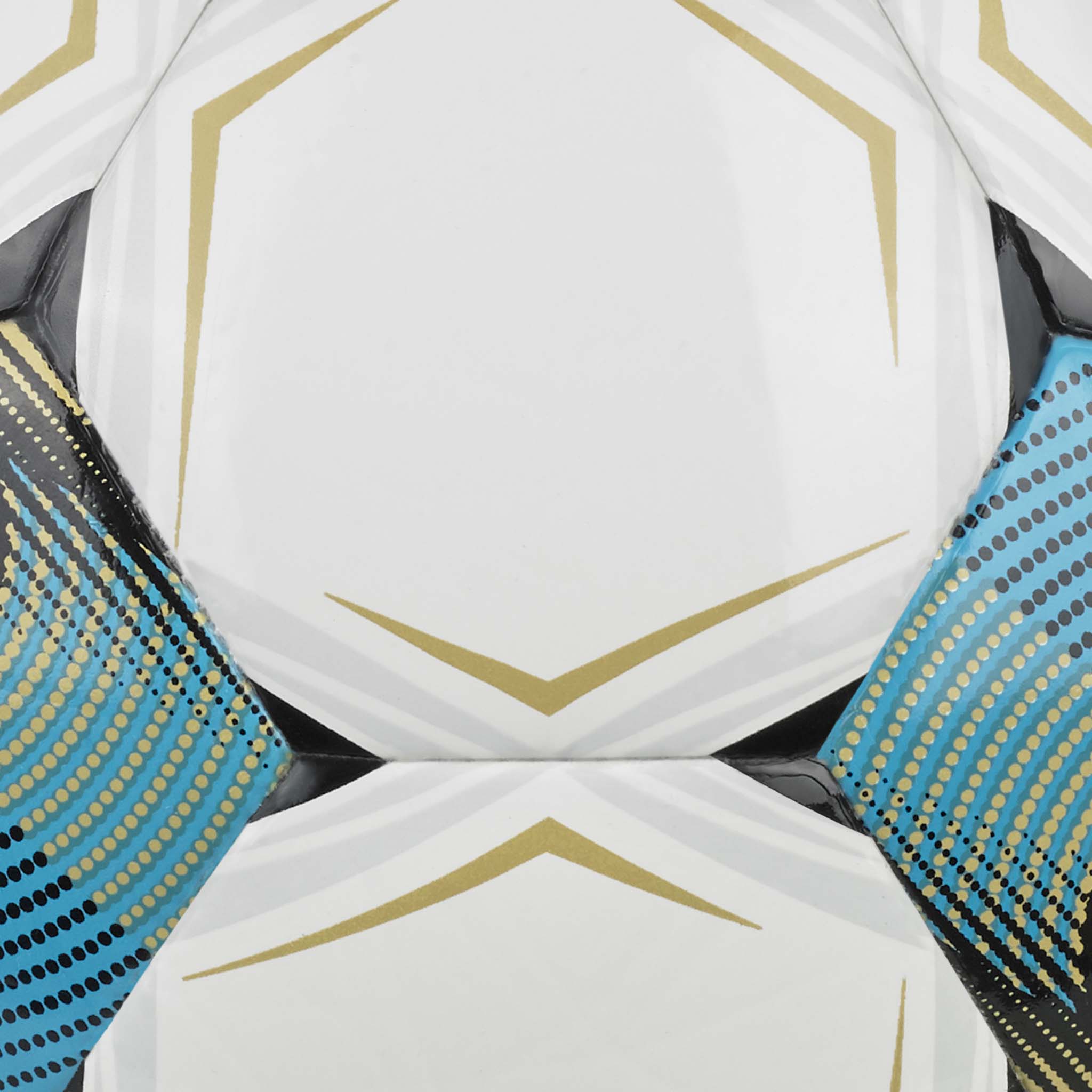 Nærbilde av Futsal Attack v26 fotball med hvite paneler, gulldetaljer og turkise teksturerte detaljer.