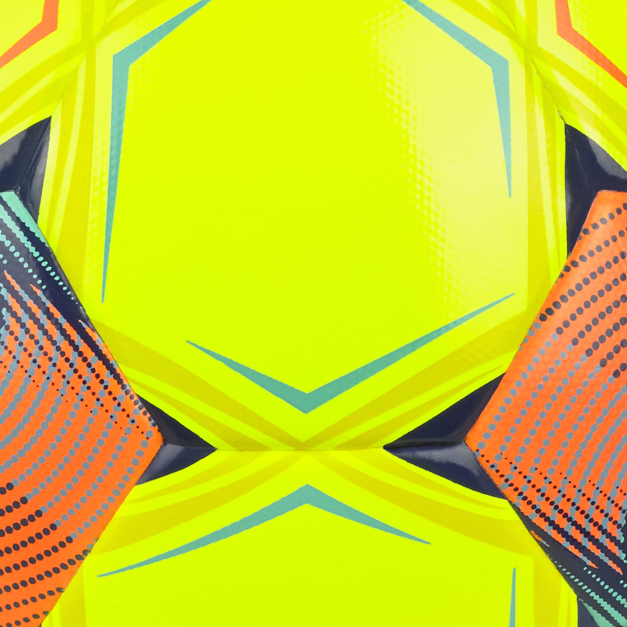 Nærbilde av Futsal Super v26 fotball i neongul med oransje, blå og marineblå paneldetaljer