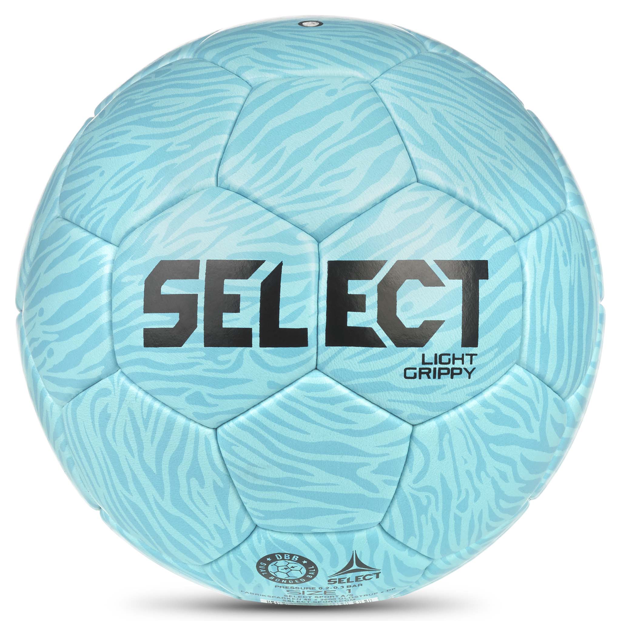 Bakside av lyseblå Light Grippy v26 håndball med grå og sort Select-logo.