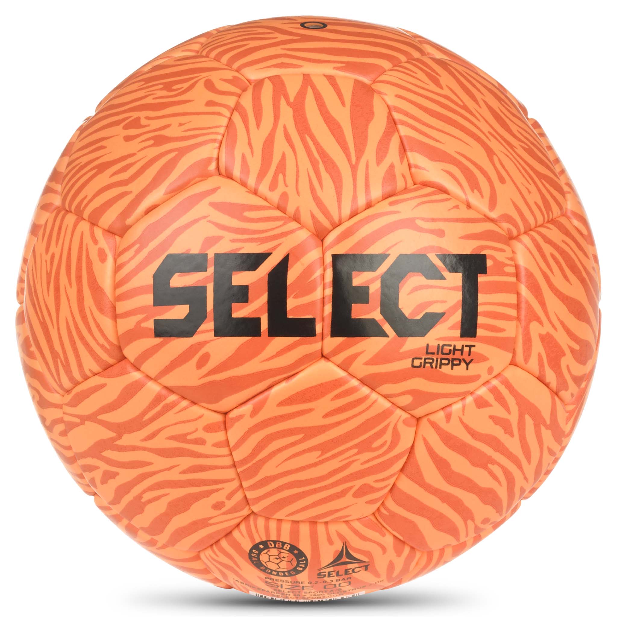 Oransje Light Grippy v26 håndball med mørkere tigerstripemønster, baksidevisning.