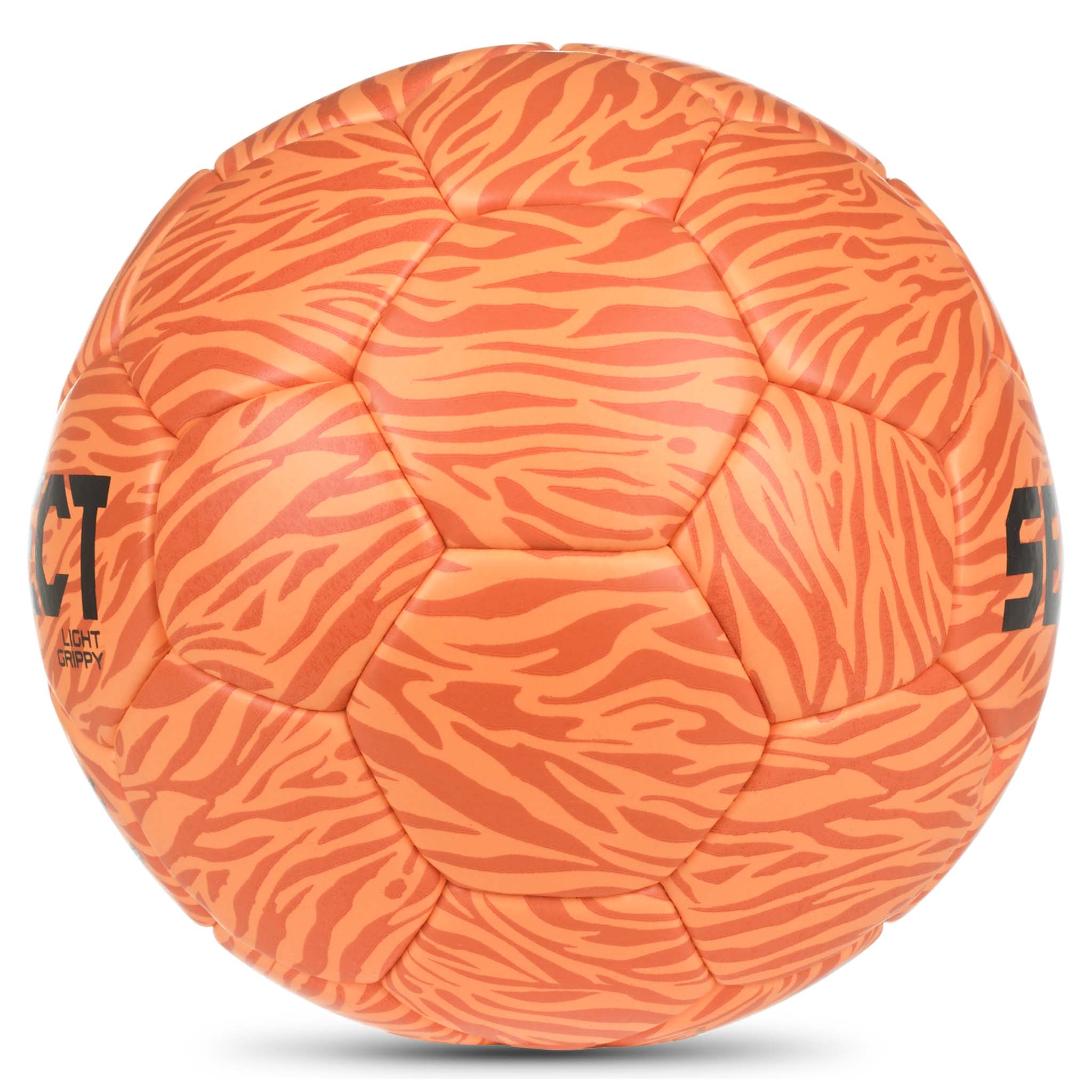 Nærbilde av oransje Light Grippy v26 håndball med sebramønster og teksturert grepoverflate.