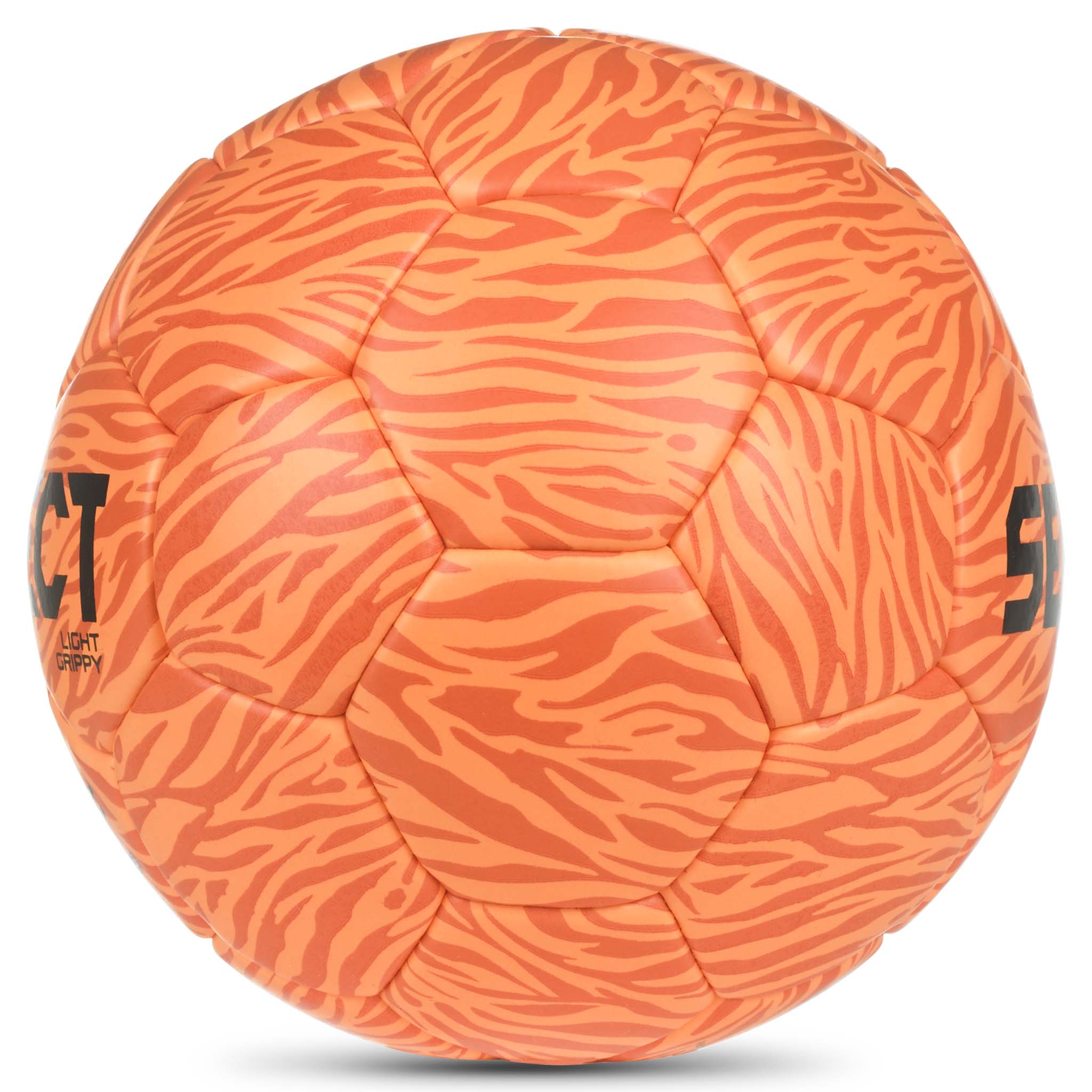 Oransje Light Grippy v26 håndball med tigerstripet mønster, sett fra høyre side