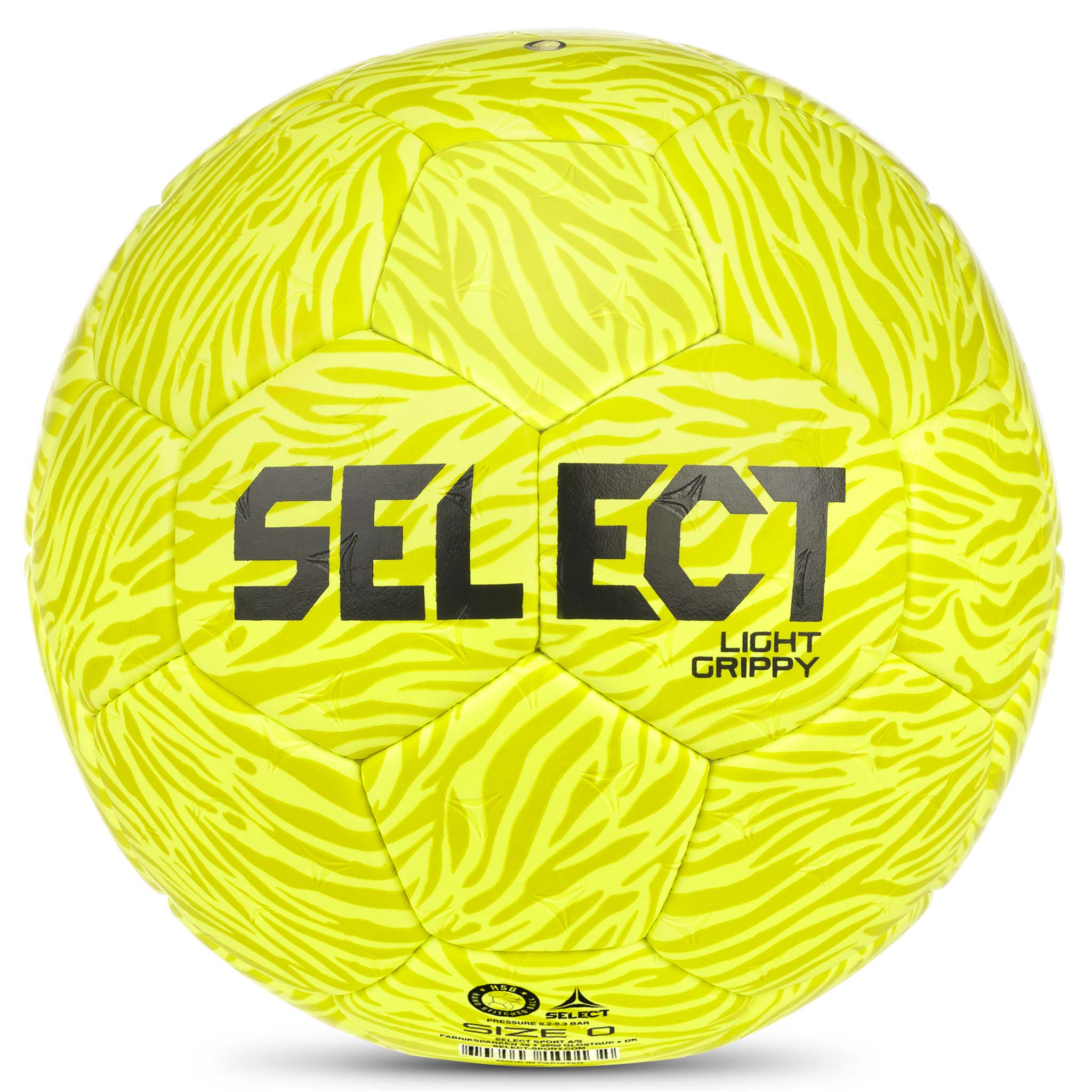 Bakside av gul Light Grippy v26 håndball med grått zebramønster og svart logo.