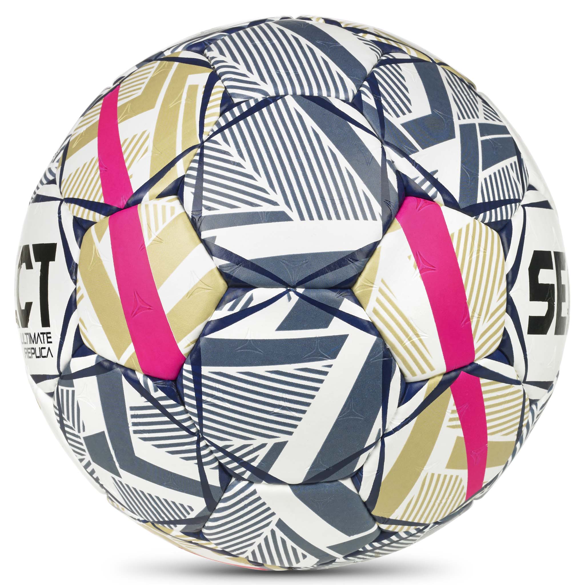 Replica EHF Champions League v26 håndball, hvit, blå, gull og rosa, sett fra siden
