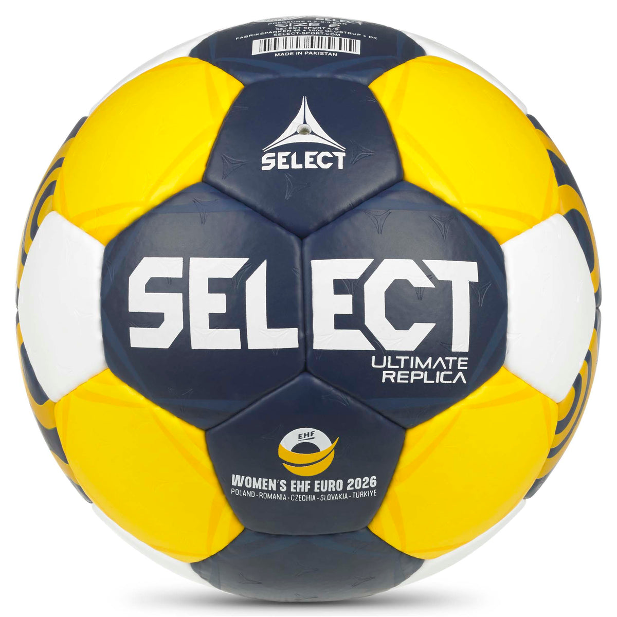 Replica EHF Euro Women v26 håndball, forside, i gult, marineblått og hvitt.