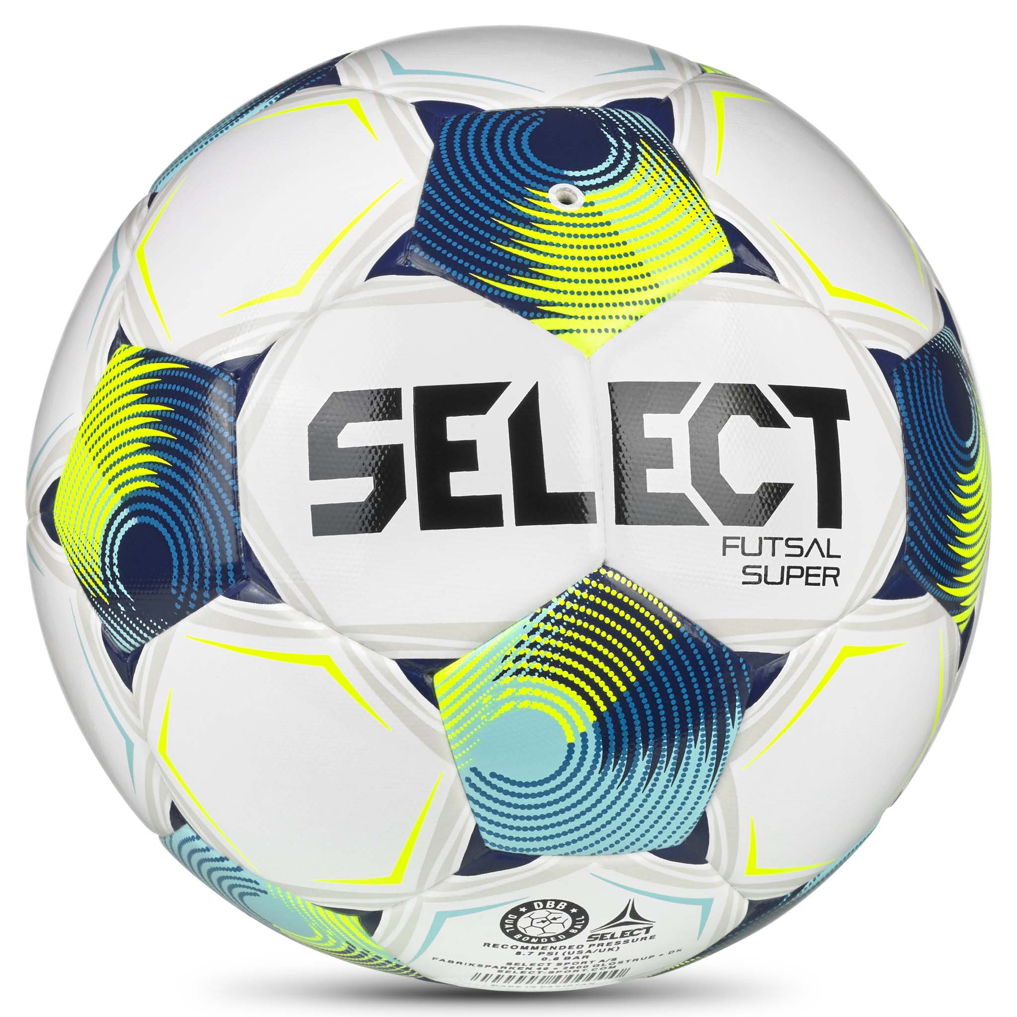 Futsal Super v26 ball, bakside. Hvit med blått, grønt og turkis design.