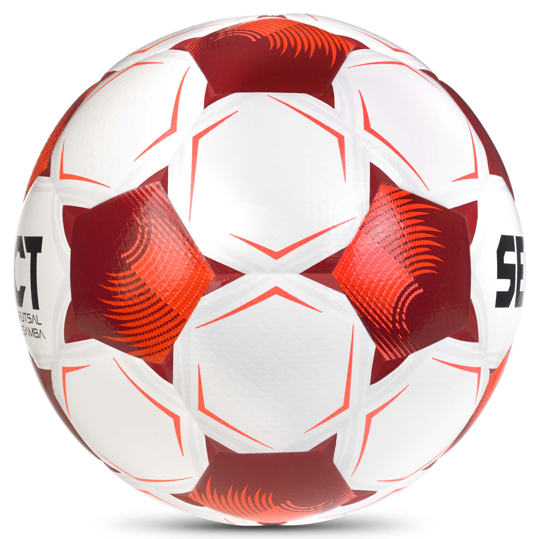 Hvit og rød Futsal Samba v26 futsalball, sett fra høyre side.