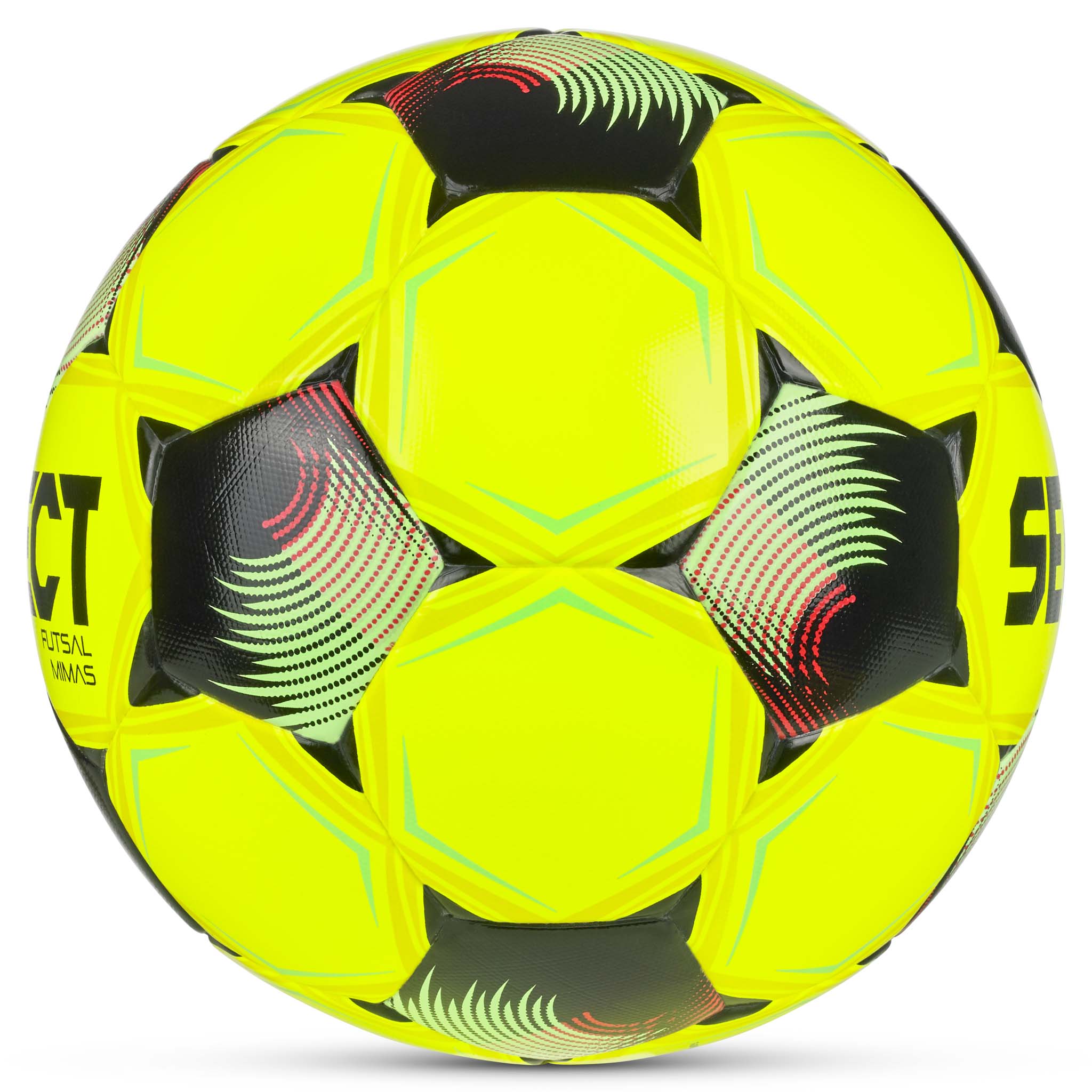 Futsal Mimas v26 ball, sett fra høyre side. Gulgrønn futsal med svarte, røde og turkise detaljer.