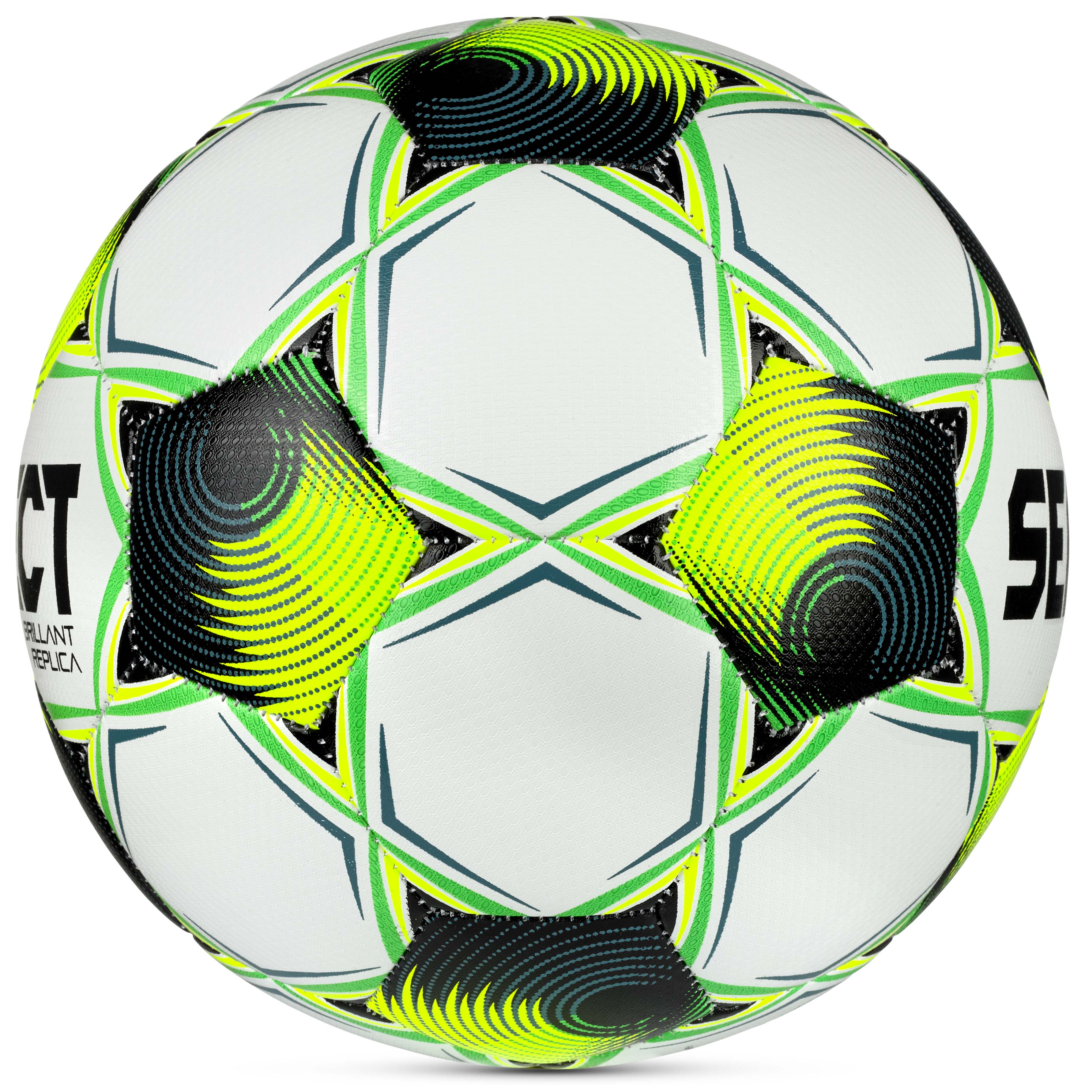 Brillant Replica 3F Superliga v26 fotball i hvit, grønn, gul og svart, sett fra høyre side