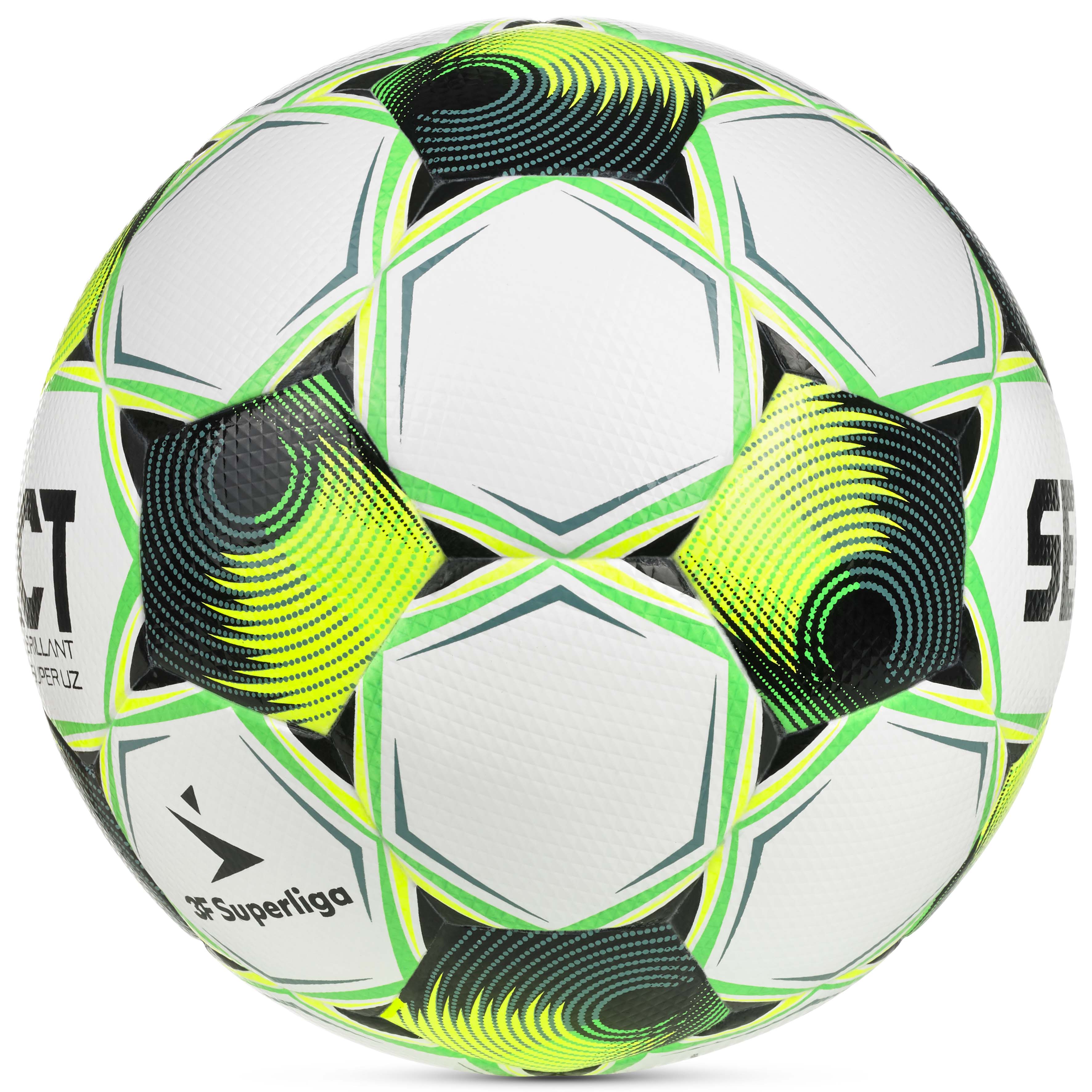 Brillant Super UZ 3F Superliga v26 fotball i hvitt med grønt, gult og sort design, sett fra høyre side
