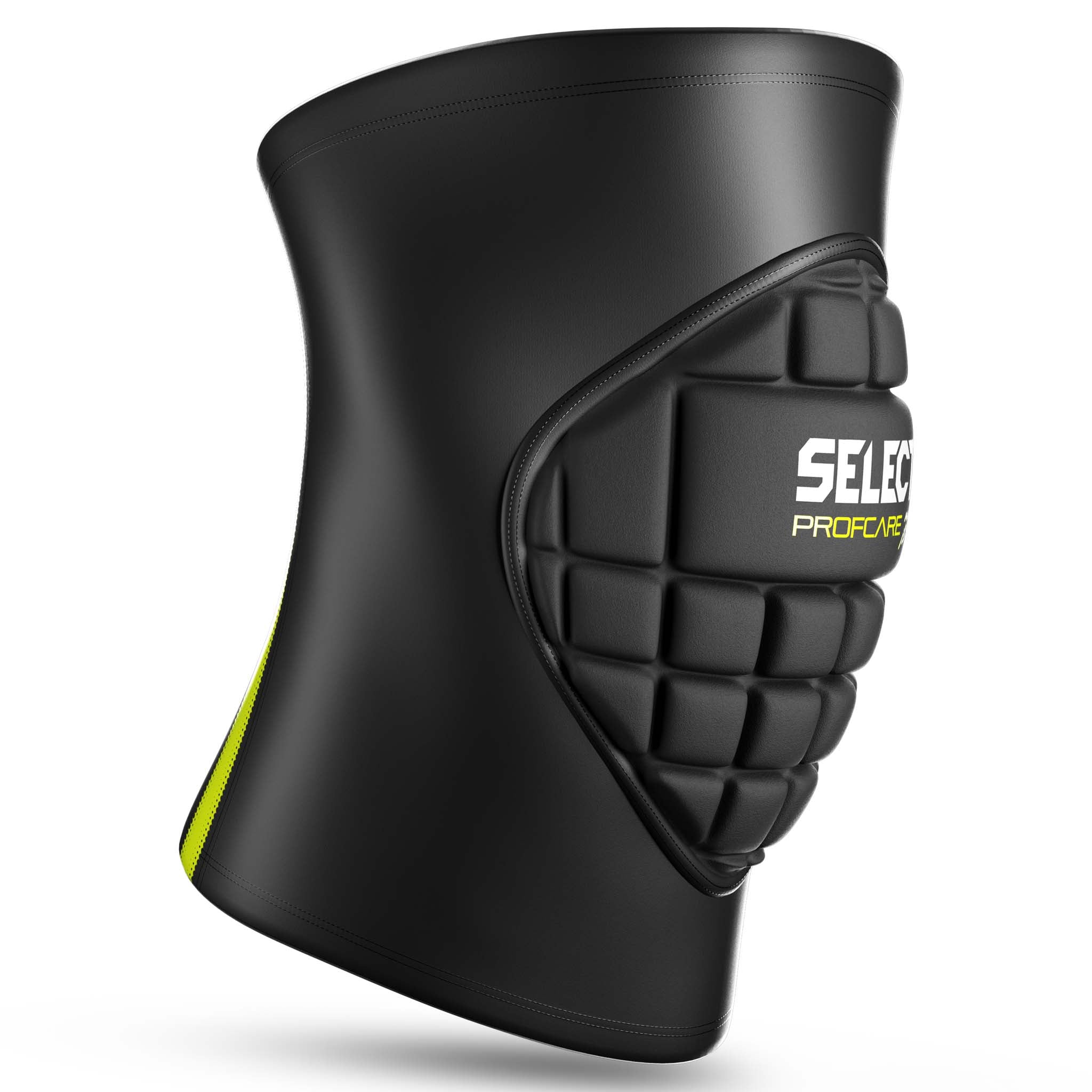 Forside av sort Compression knee handball 6250 sportsstøtte med polstret beskyttelse og grønne detaljer.