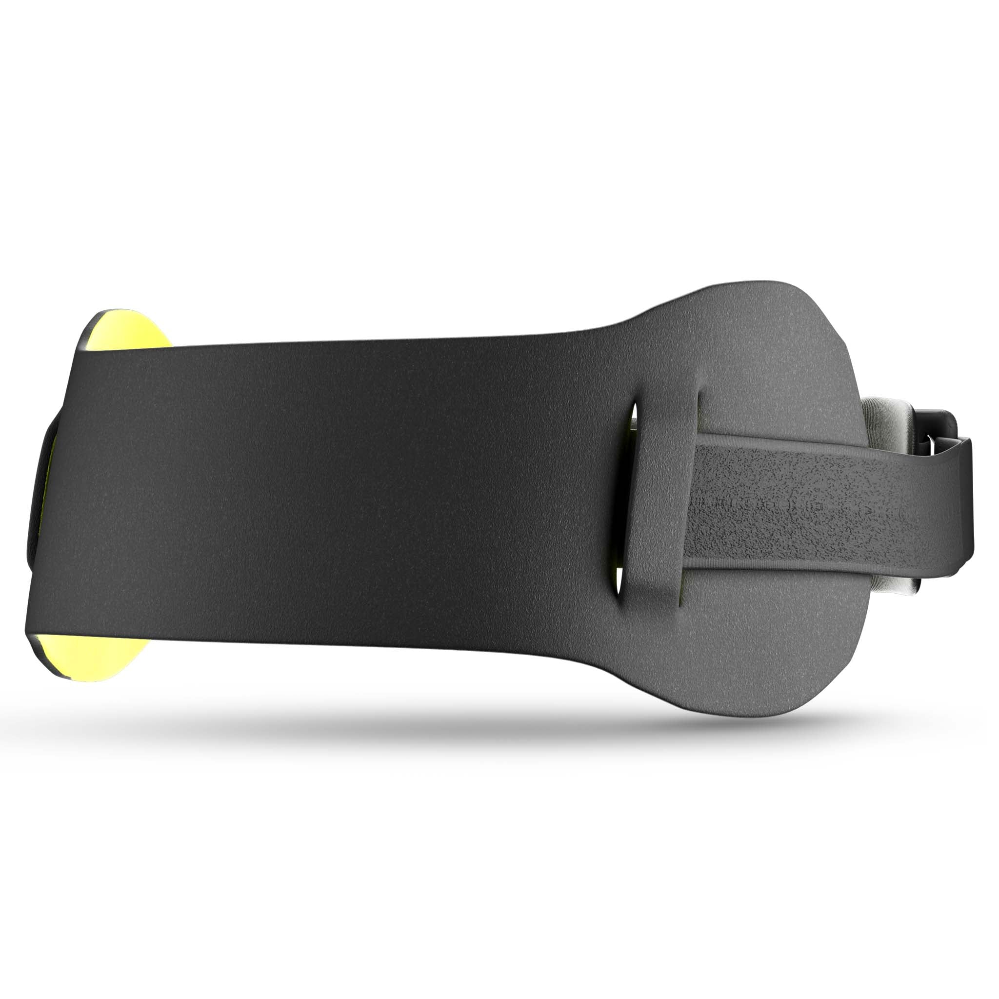 Svart Knee strap med gule detaljer, sports support, sett bakfra.