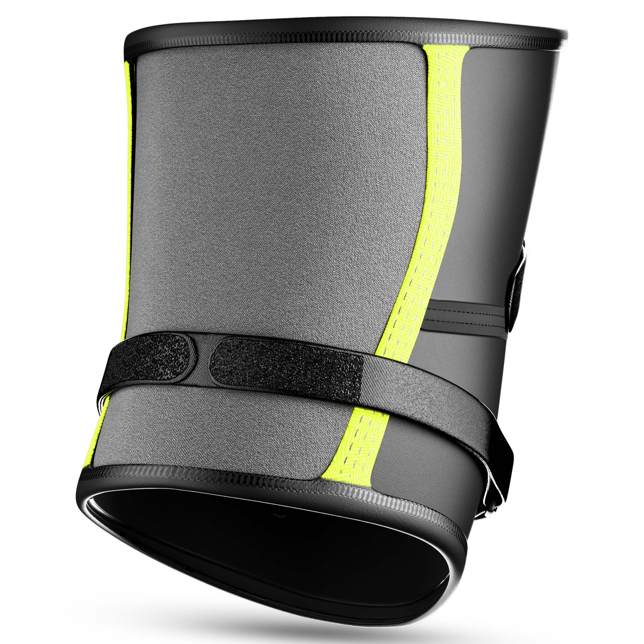 Bakside av grå Knee support Stabilizer 6207 sportsstøtte med gule striper og justerbar svart rem