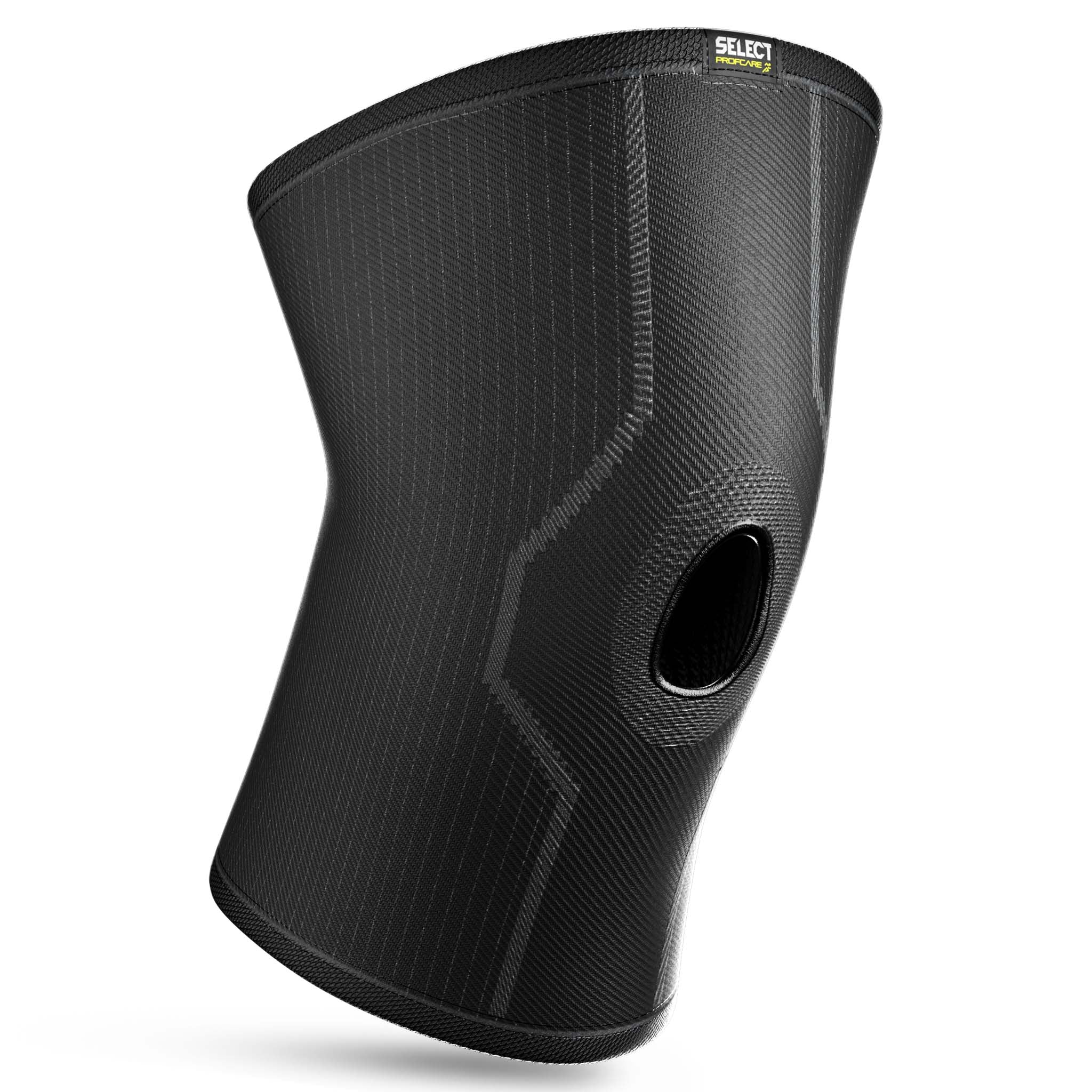Sort knestøtte m/hull, sportsstøtte, forside med åpent kneskåldesign.