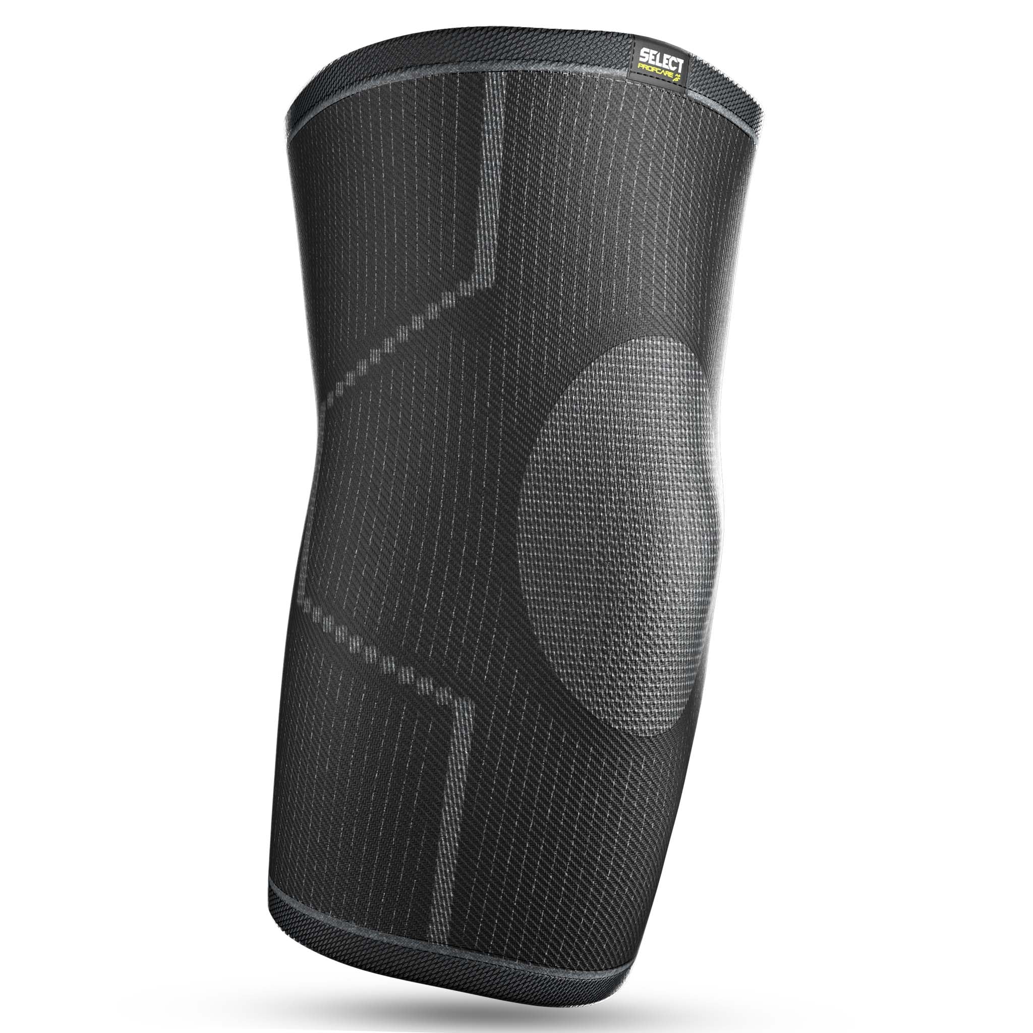 Forside av svart Elbow support, sportsstøtte, med grå teksturert detalj.