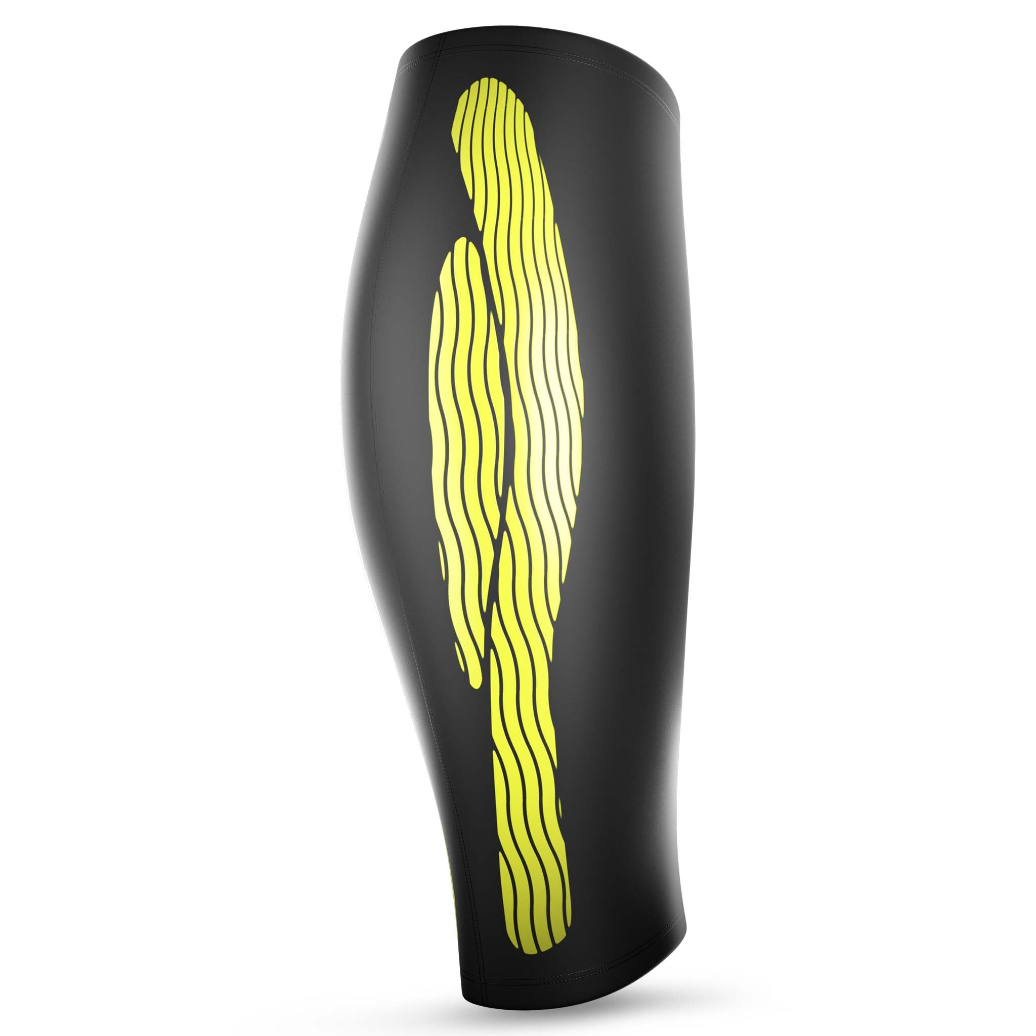 Svart Compression Calf 6150 sportsstøtte, bakside, med gult kinesiologisk bølgemønster