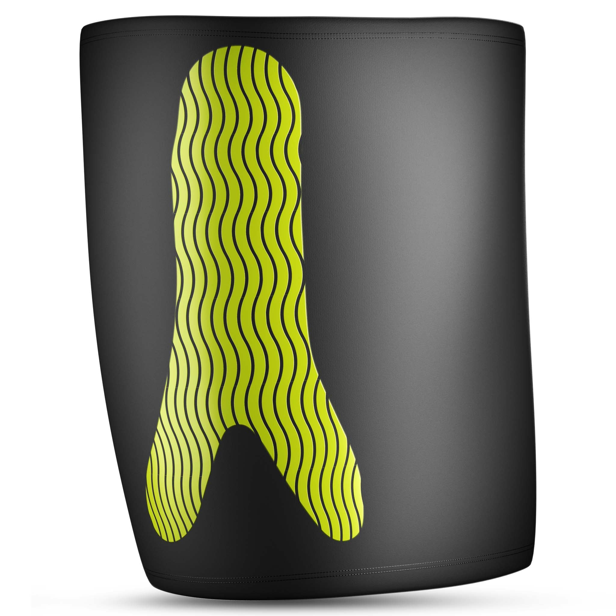 Svart Compression thigh support 6350, sportsstøtte, bakside med grønt bølget kinesiologisk panel.