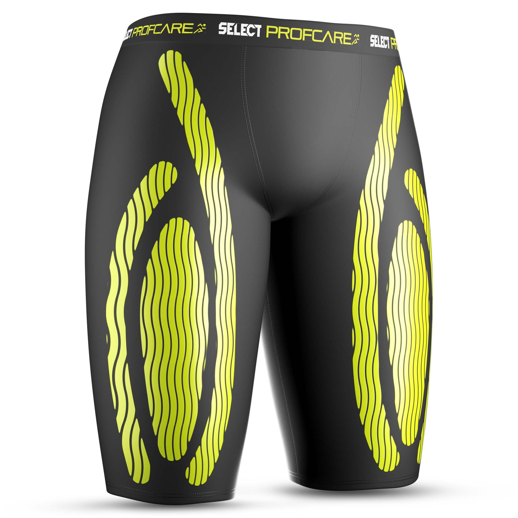 Svarte kompresjonsshorts 6407 med gult design, sportsstøtte, forsidevisning.