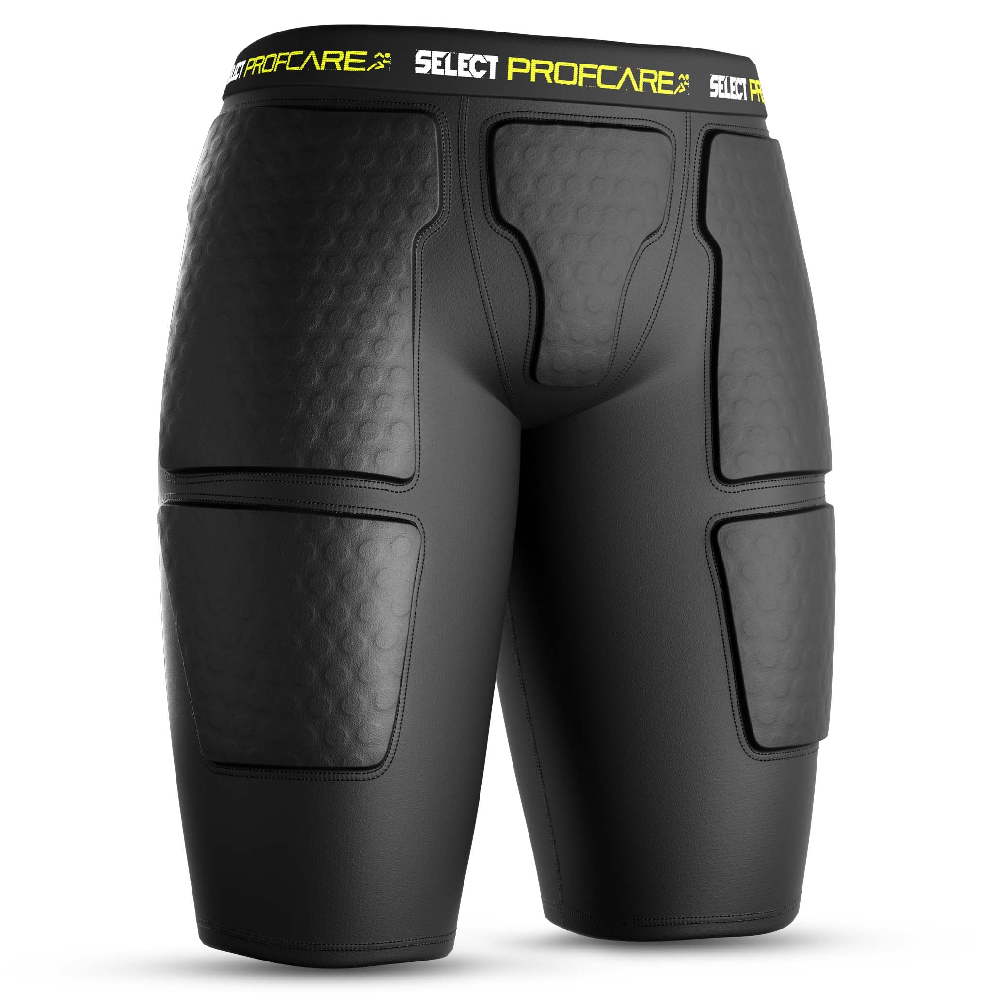 Svarte kompresjonsshorts m/puter 6421, sportsstøtte, forsidevisning med gul Select-logo.