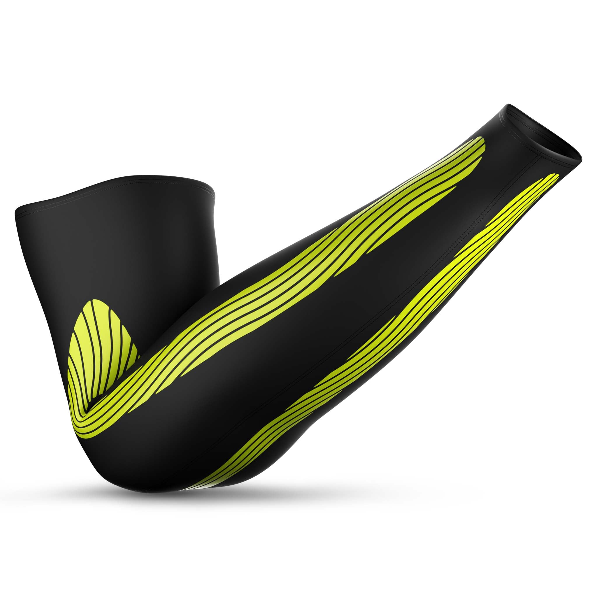 Svarte Compression arm sleeves 6610 med grønne striper, sportsstøtte, baksidevisning.