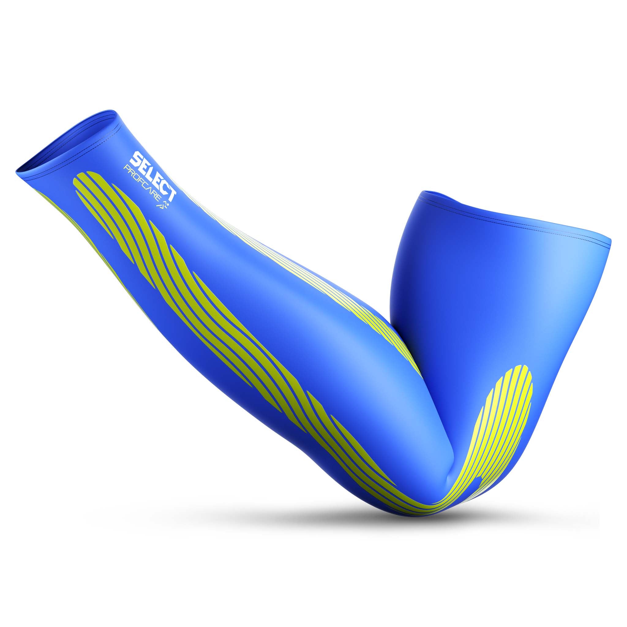 Forside av blå Compression arm sleeves 6610, sports support, med grønne kinesiologiske linjer.