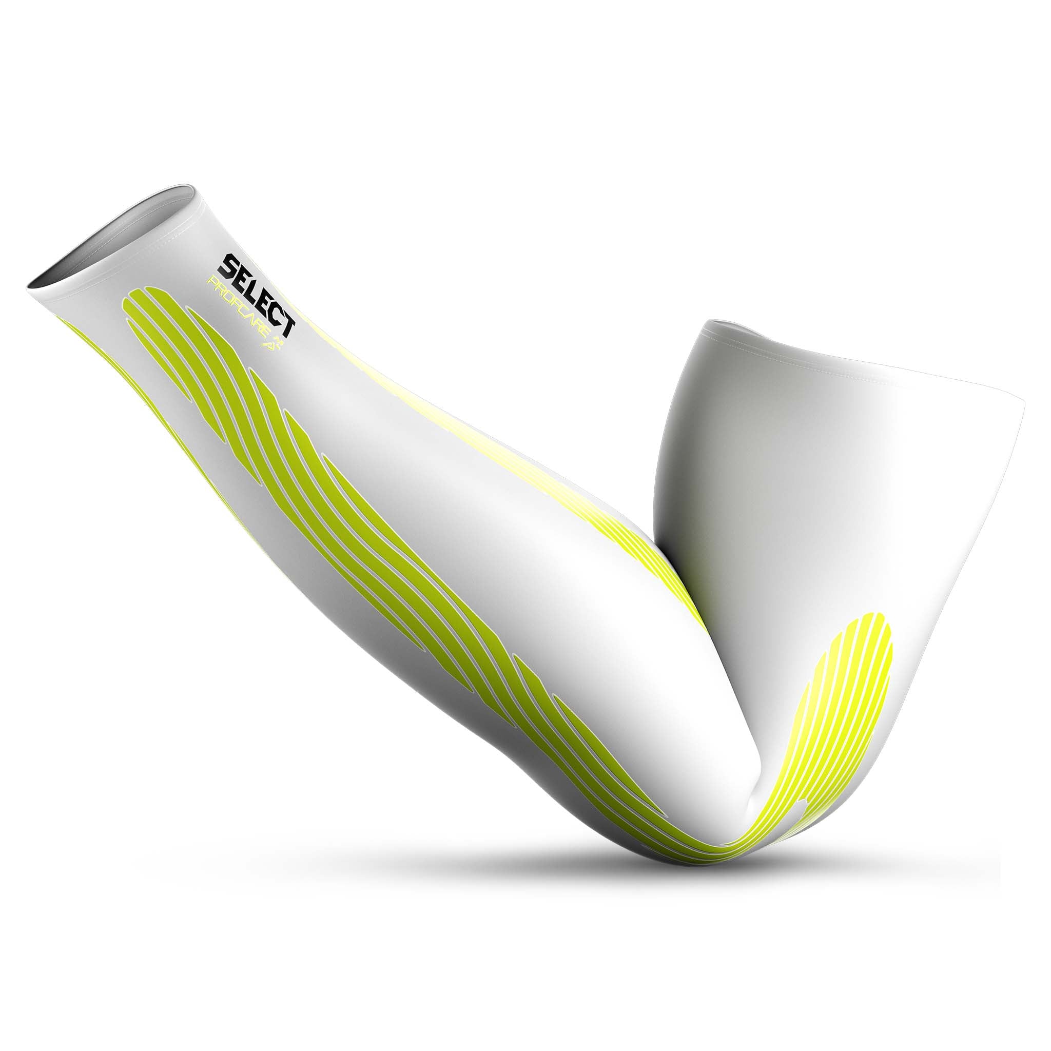 Forside av hvite Compression arm sleeves 6610 med grønne detaljer, sportsstøtte