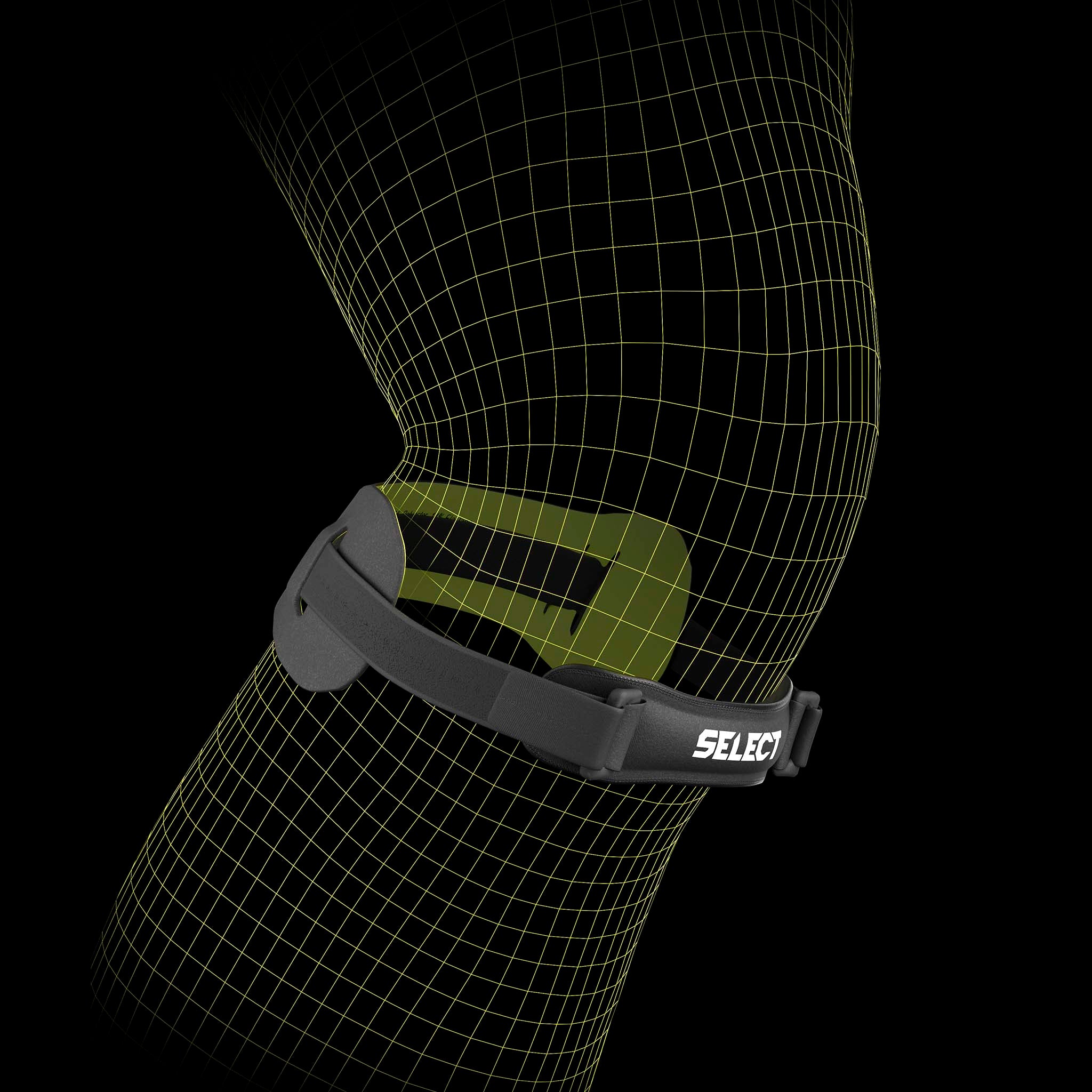 Sort Knee strap sportsstøtte vist på en fotballspillers kne