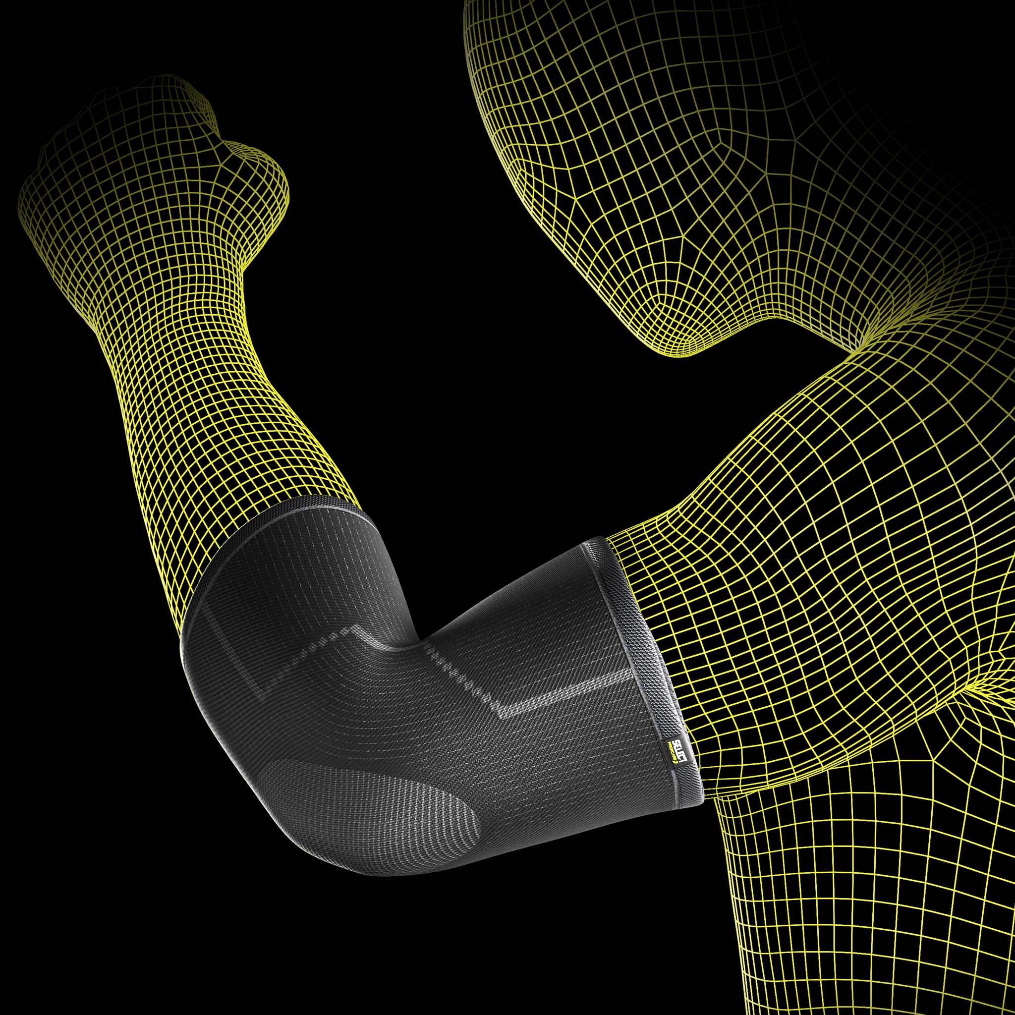 Svart Elbow support sportsstøtte på en wireframe-modellarm, forside.