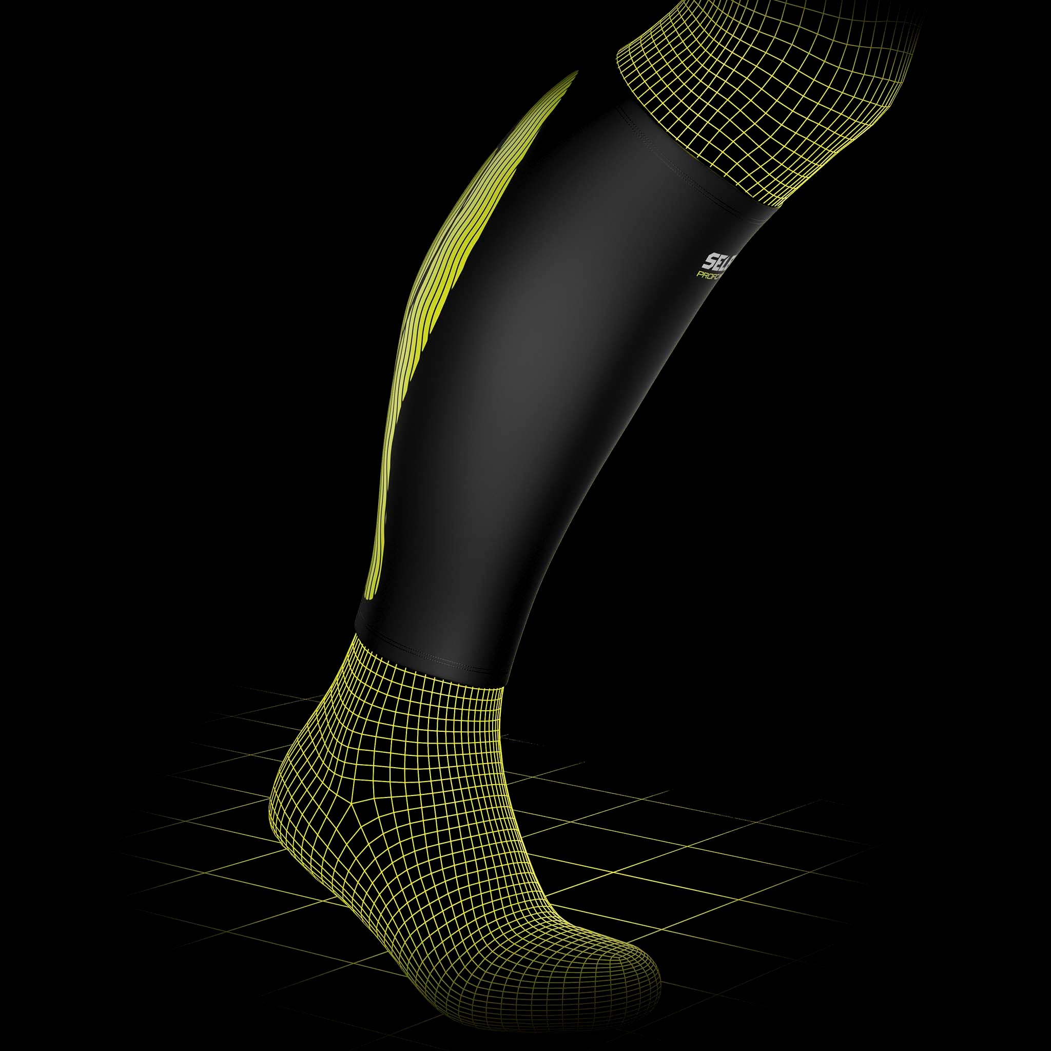 Compression Calf 6150 sportsstøtte i svart med gult rutemønster, forside modellvisning.