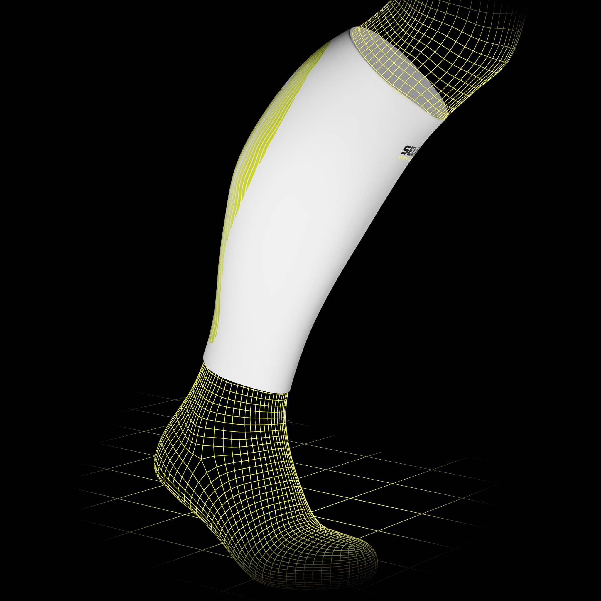 Hvit Compression Calf 6150 sportsstøtte med gult kinesiologisk mønster på modellbein, sett forfra.