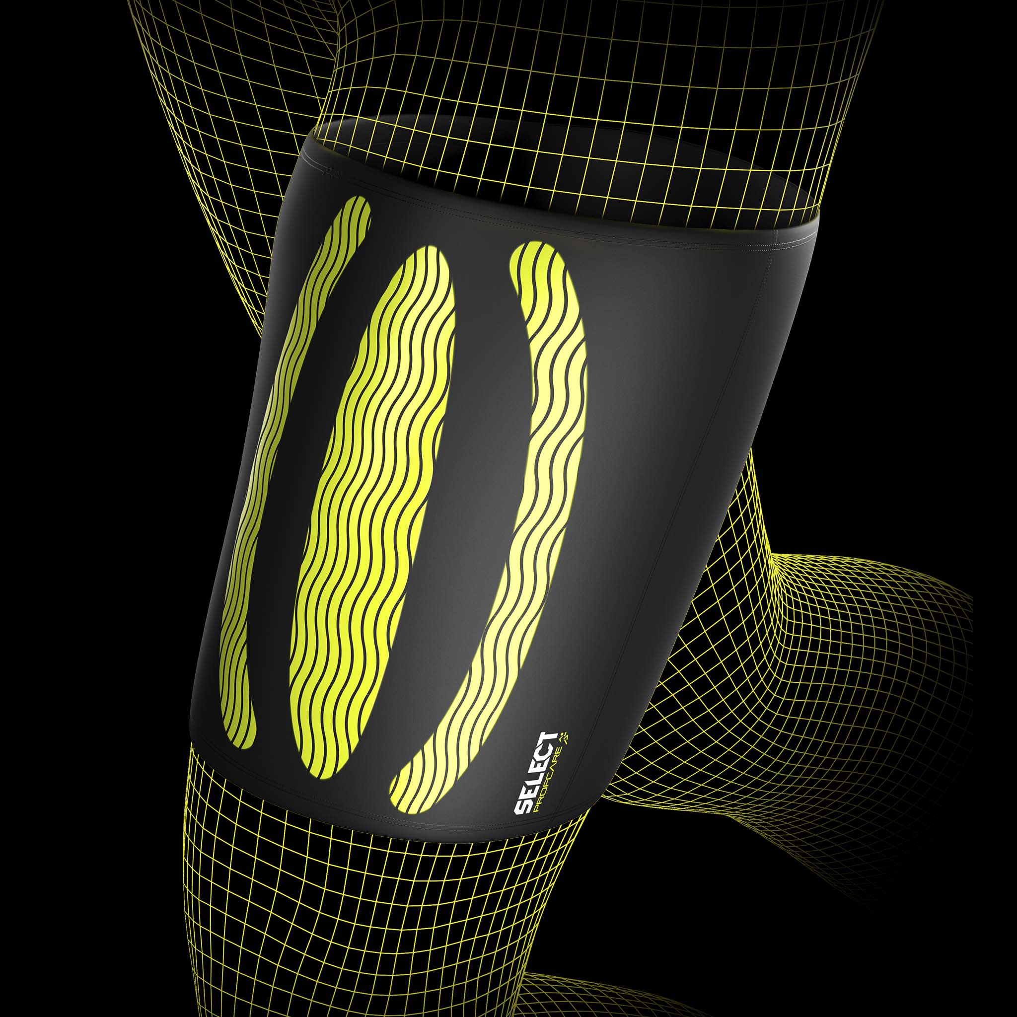 Sort Compression thigh support 6350 med gult design, sportsstøtte, nærbilde på fotballspillers lår