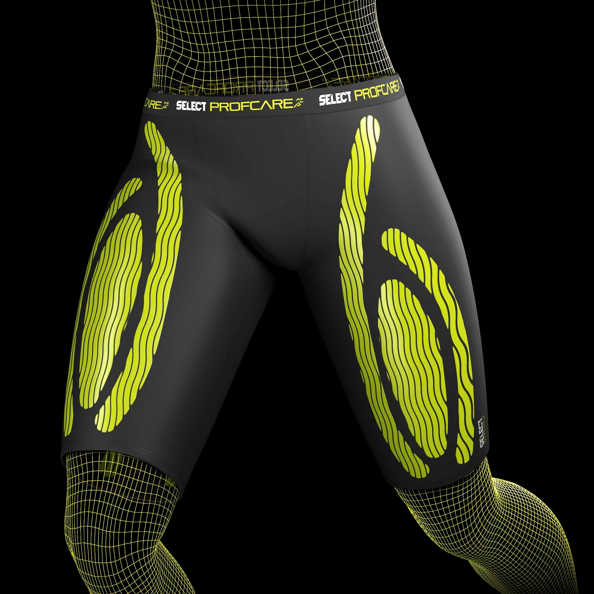 Svarte og gule Compression shorts 6407, sports support, sett forfra på fotballspillermodell