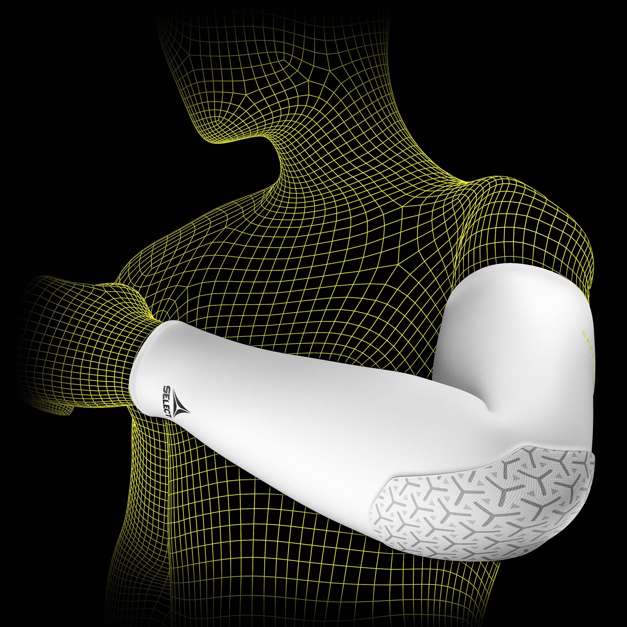 Hvit Compression elbow support long 6652, sports support, vist på fotballspillermodells arm