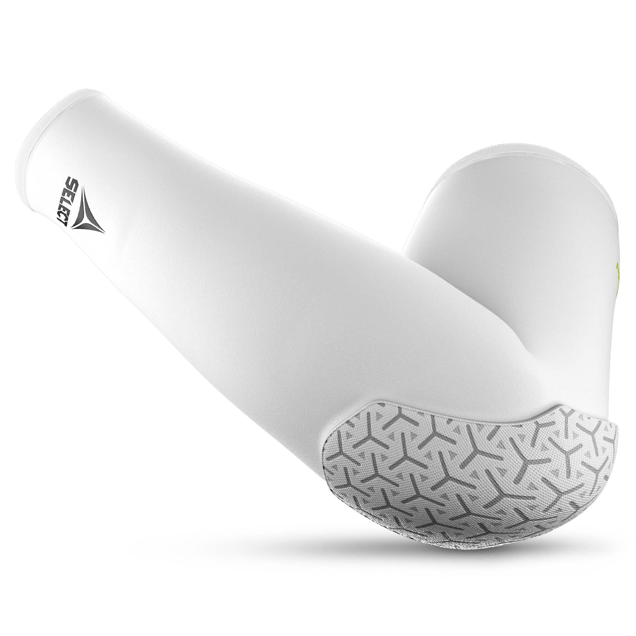 Hvit Compression elbow support long 6652, sportsstøtte med grå grepforsterket albuepolstring, forside