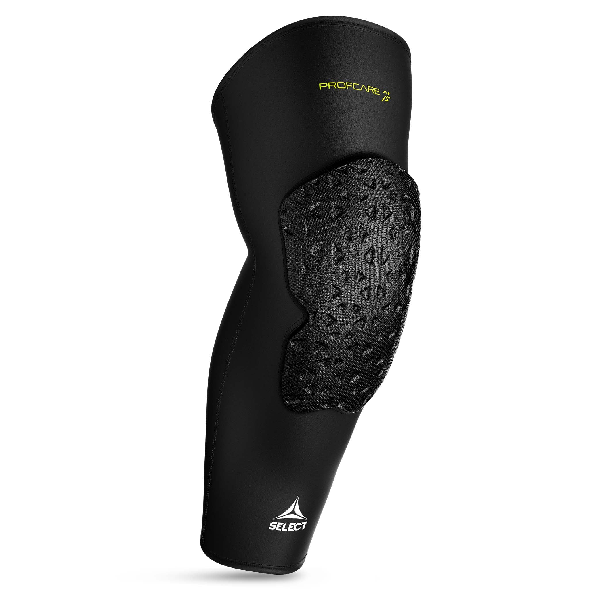 Svart Compression knee support long 6253 sportsstøtte, forside, med strukturert beskyttelsespolstring.