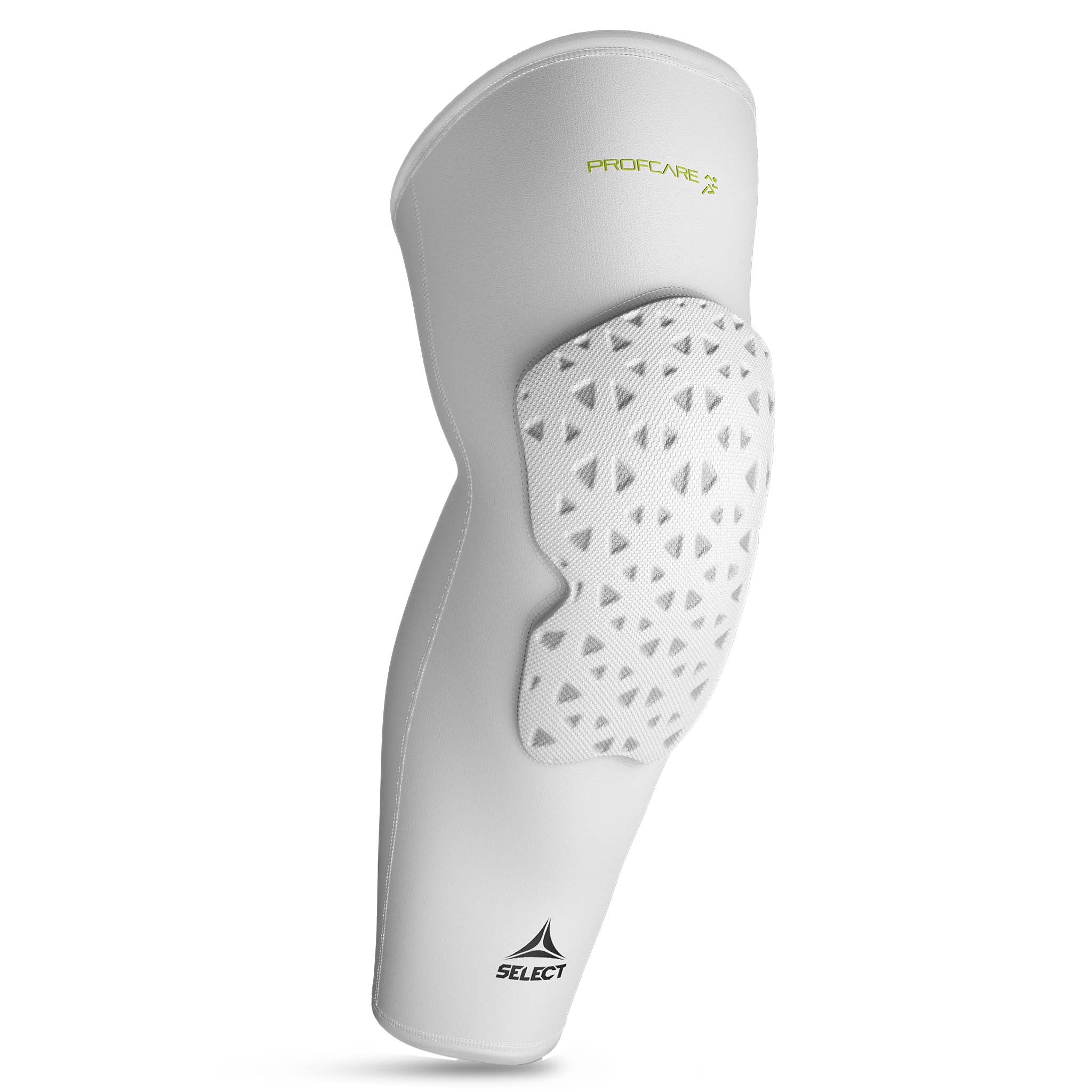 Hvit Compression knee support long 6253, sportsstøtte, forside med polstret panel.