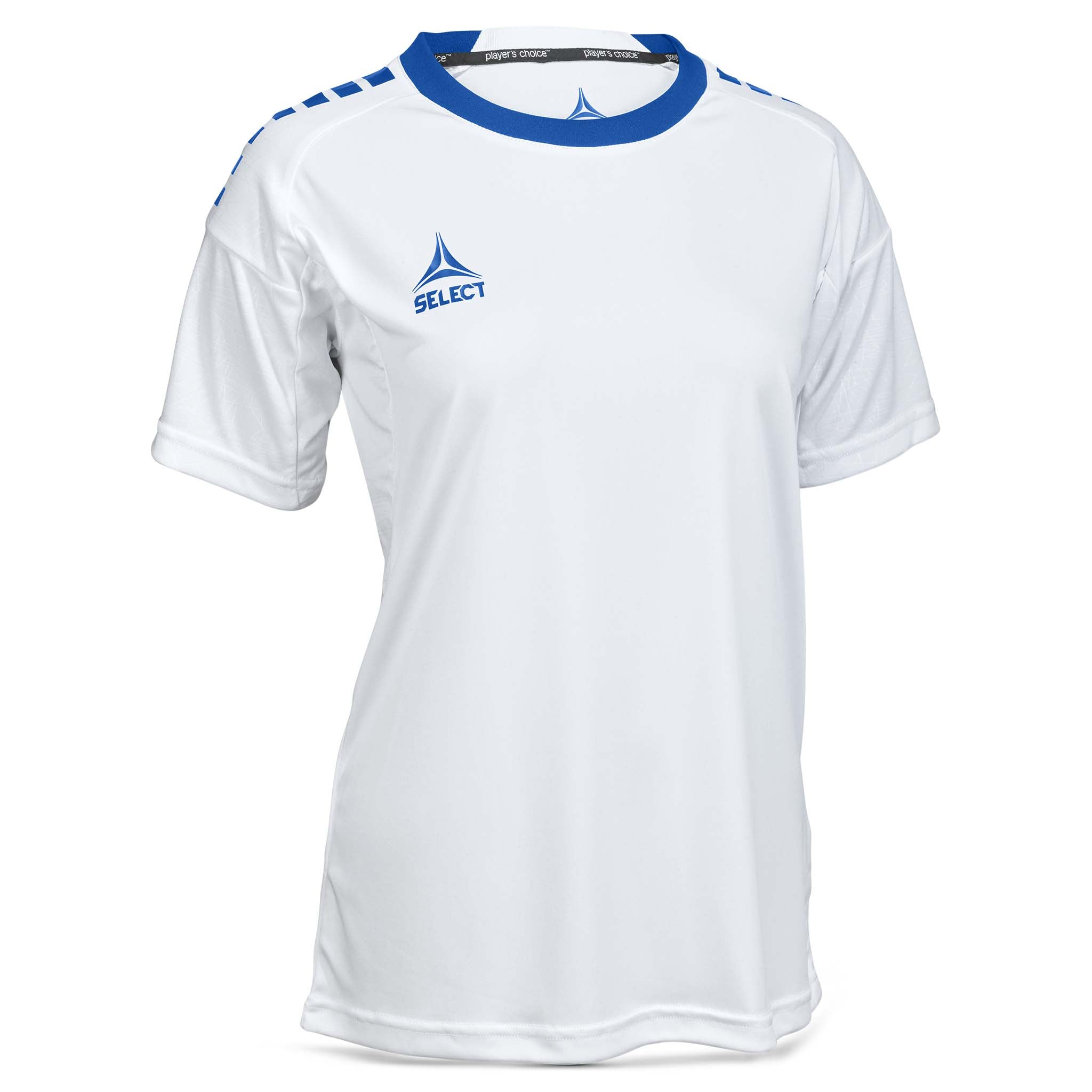 Forside av hvit og blå Player shirt S/S Spain woman v25, Match & Training wear fotball.